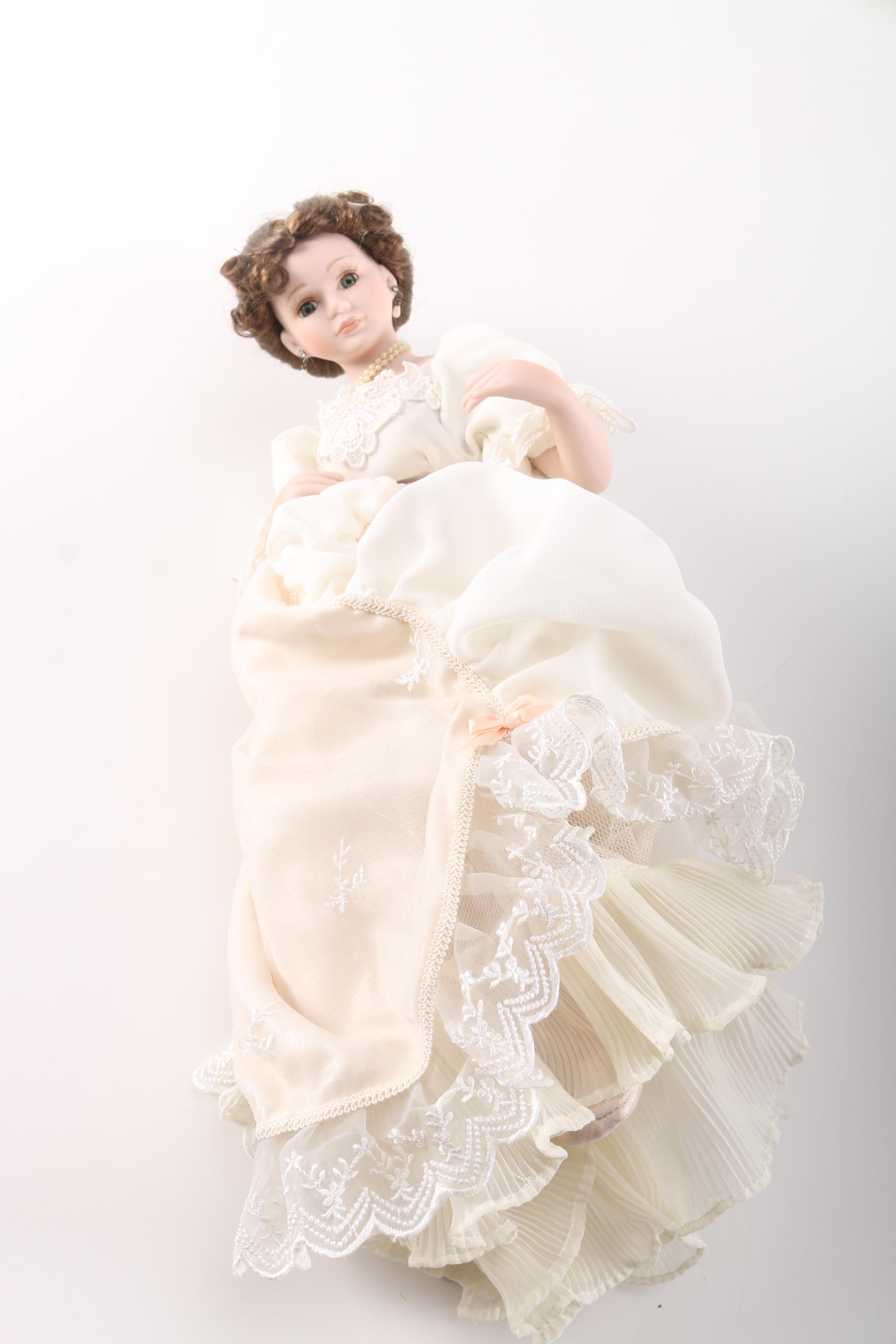 Porcelain Doll With Miniature Queen Anne Settee