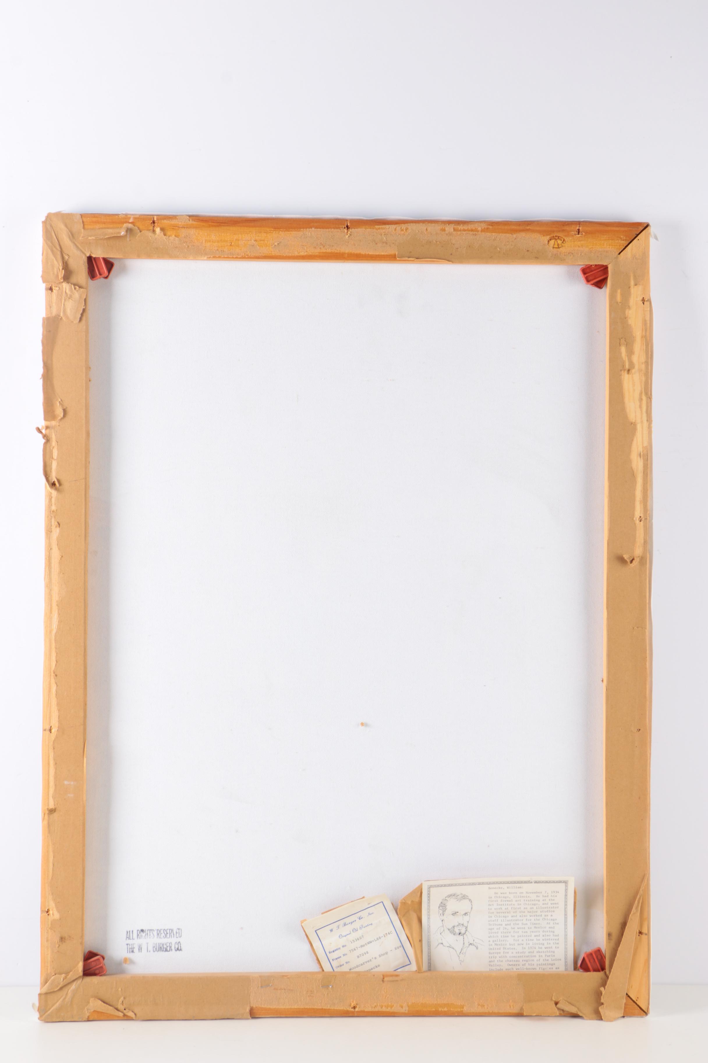 William Benecke Oil Painting on Canvas "Woodcarver's Shop"