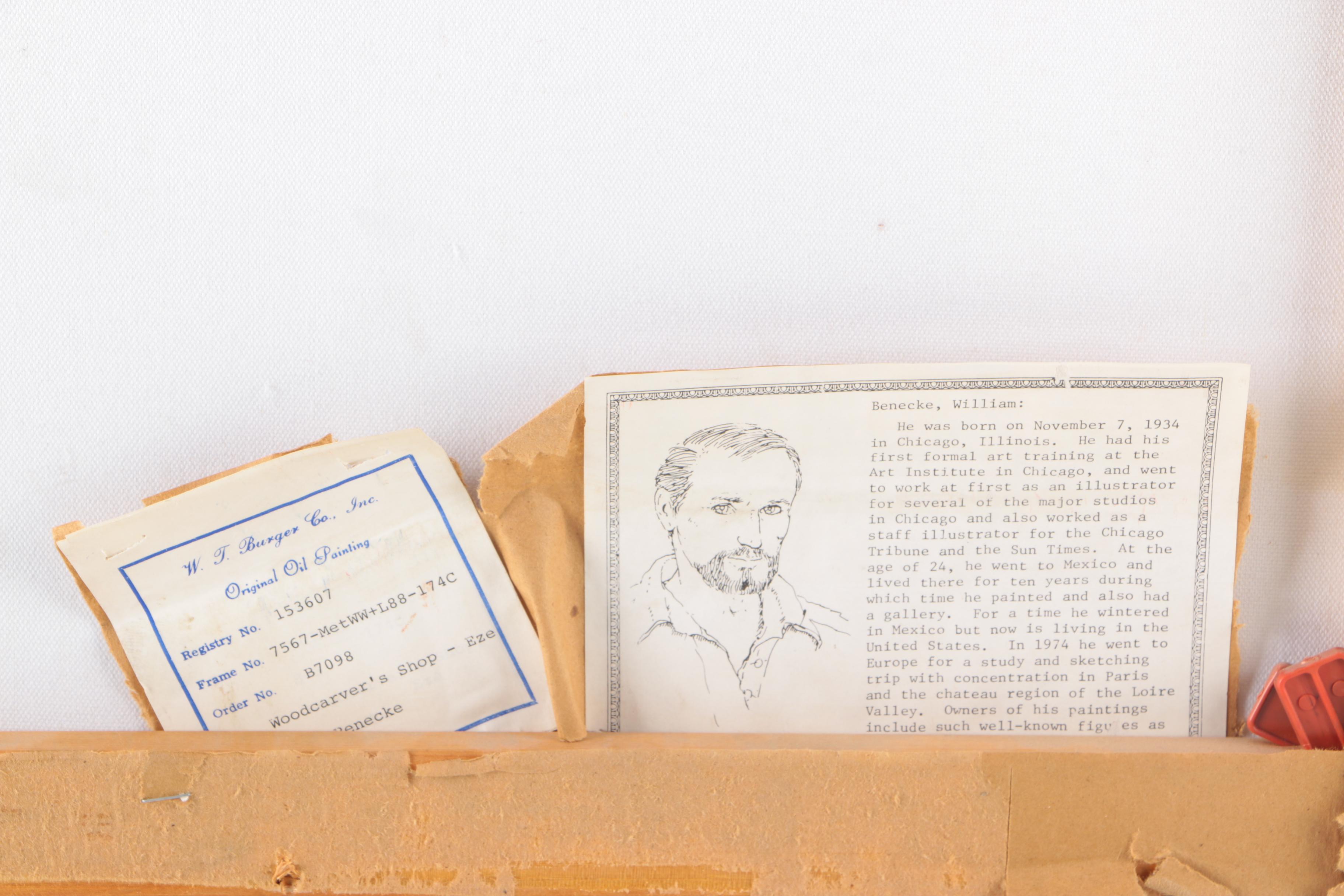 William Benecke Oil Painting on Canvas "Woodcarver's Shop"