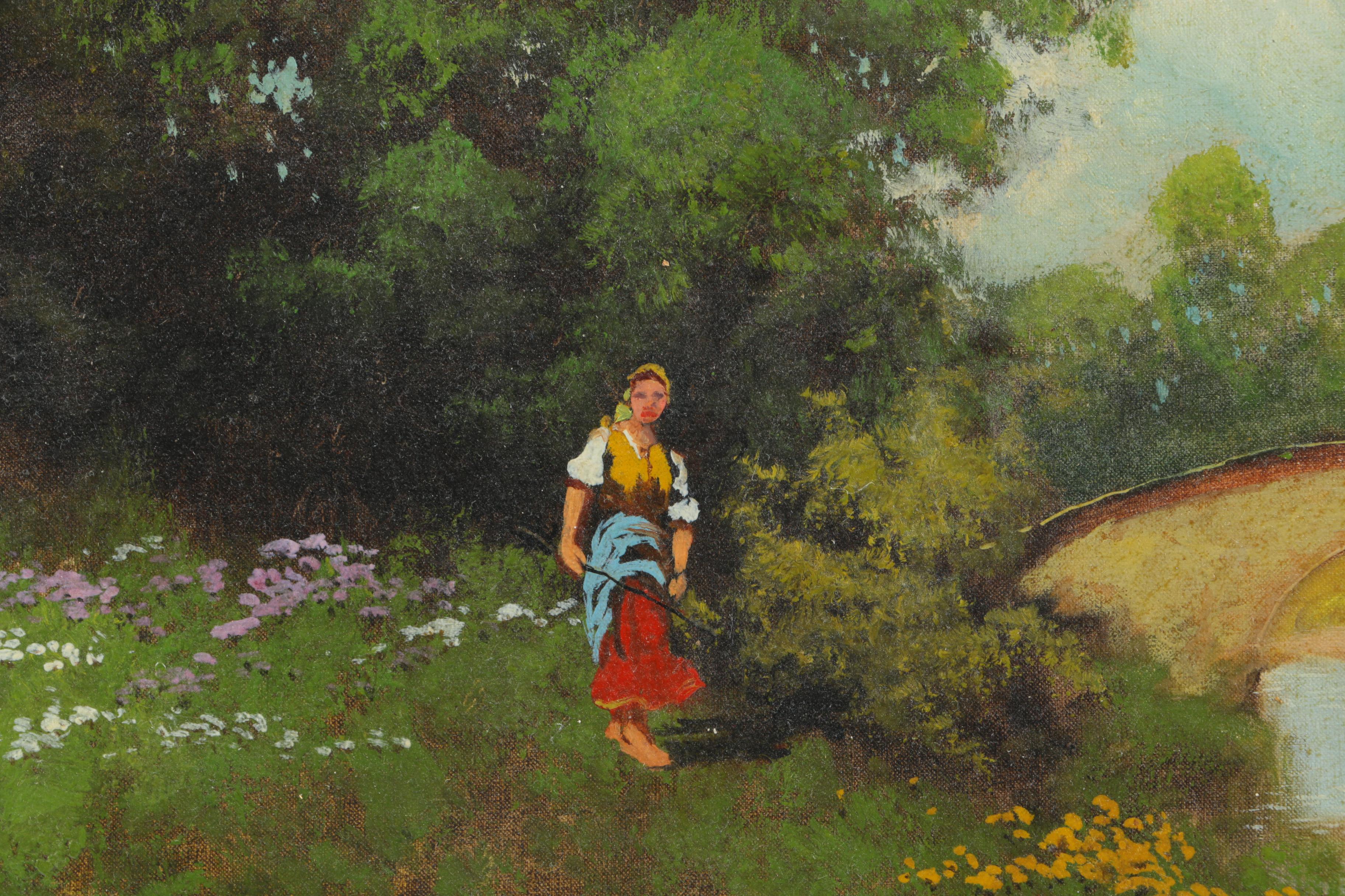 Oil Painting on Canvas Landscape with Woman and Pekin ducks