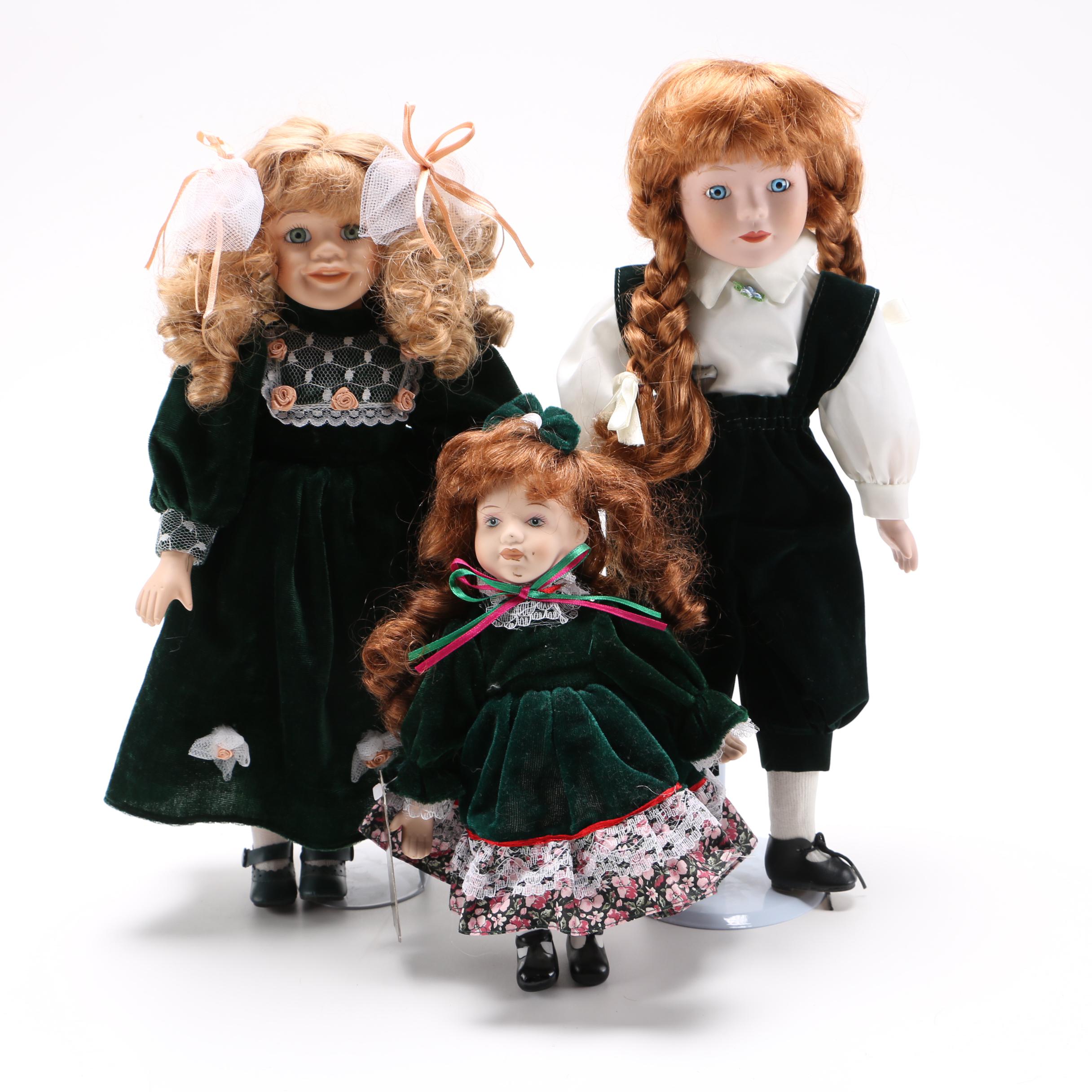 Green Velvet Dressed Porcelain Dolls