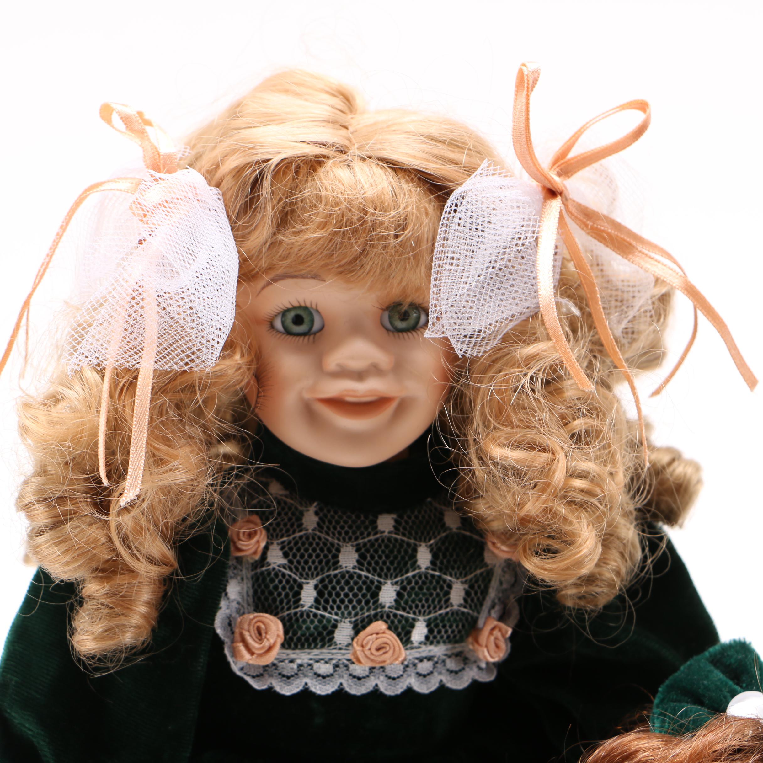 Green Velvet Dressed Porcelain Dolls