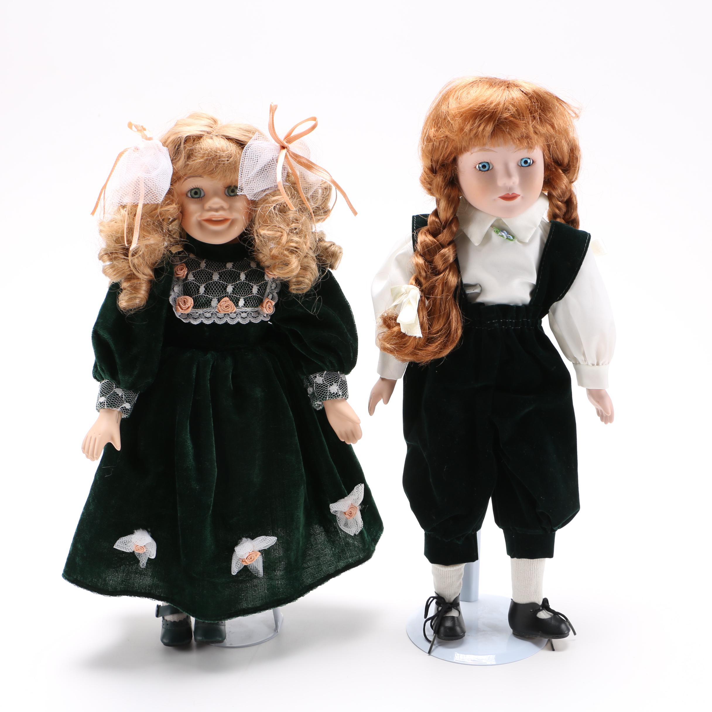 Green Velvet Dressed Porcelain Dolls