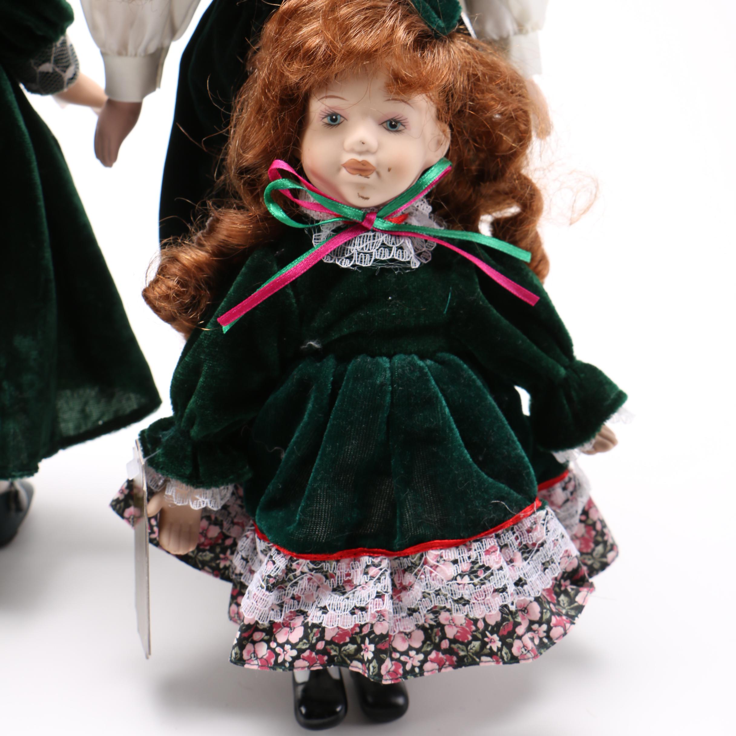 Green Velvet Dressed Porcelain Dolls