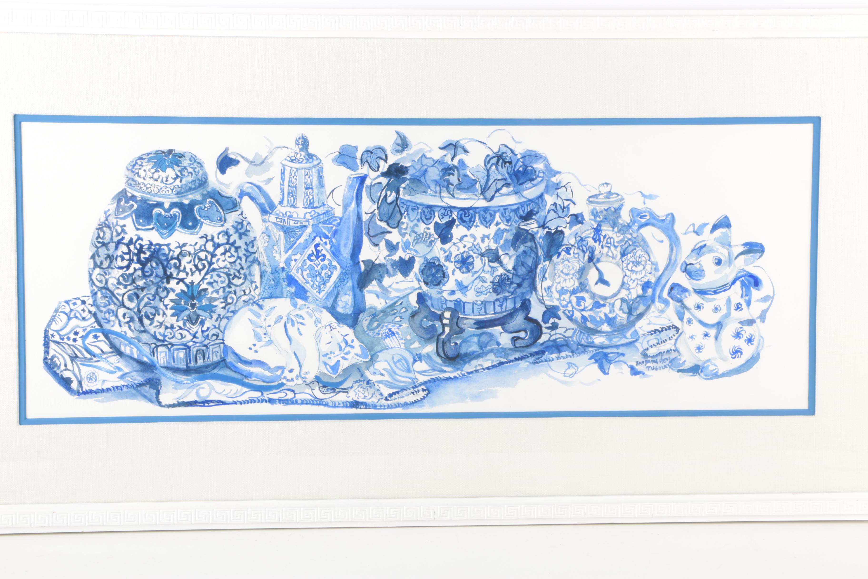Barbara Hess Pugsley Watercolor Painting on Paper Still Life of Asian Porcelain
