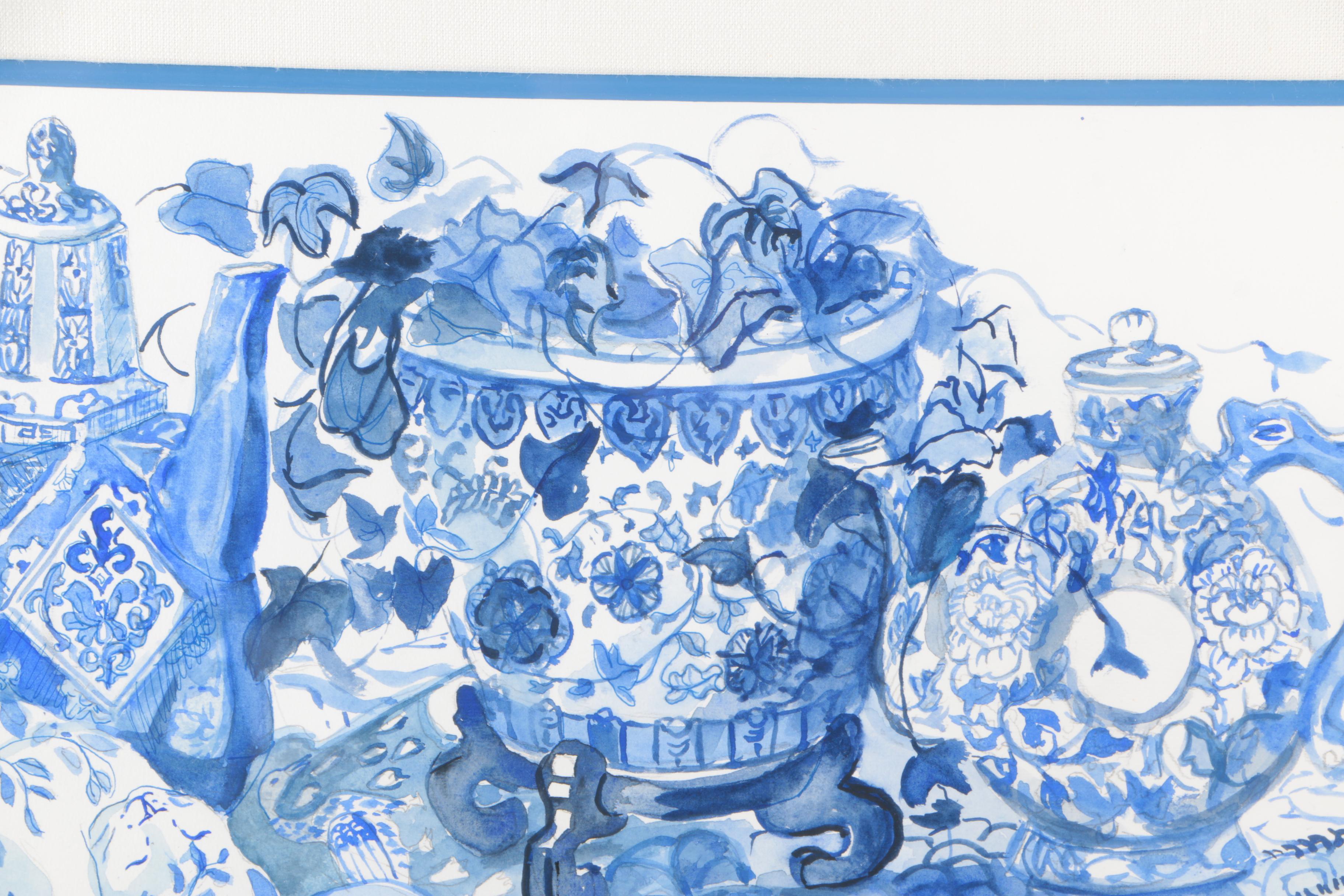 Barbara Hess Pugsley Watercolor Painting on Paper Still Life of Asian Porcelain