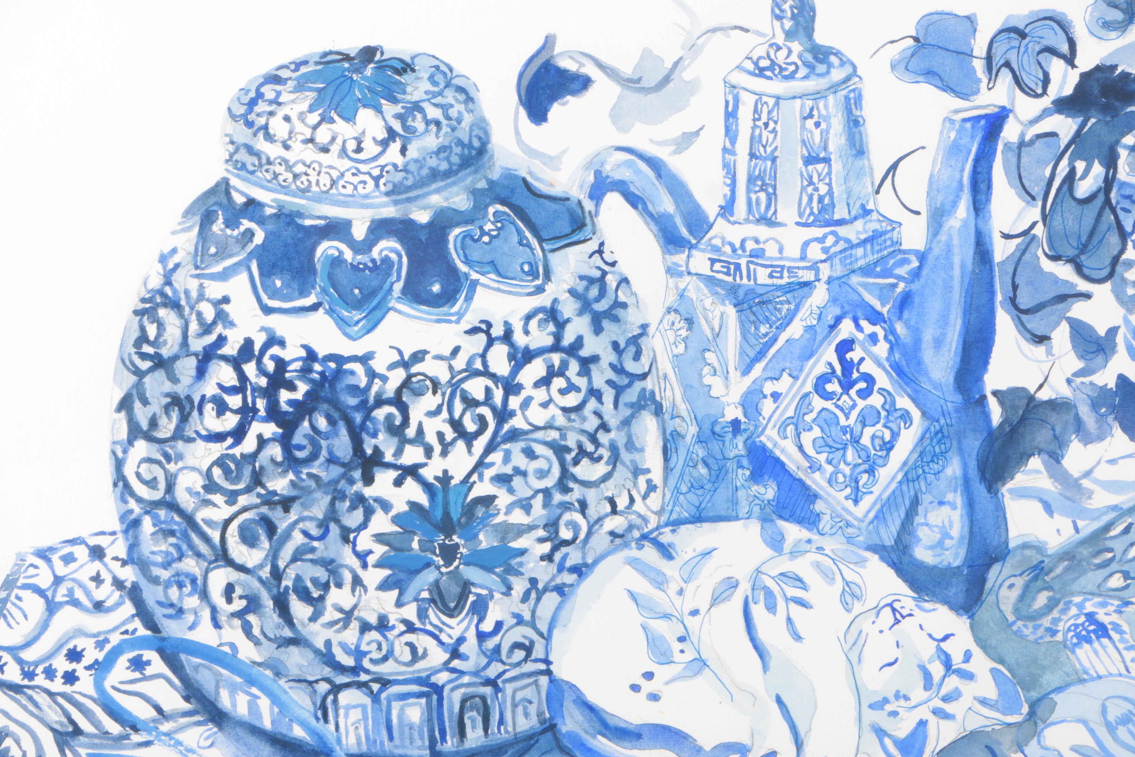 Barbara Hess Pugsley Watercolor Painting on Paper Still Life of Asian Porcelain