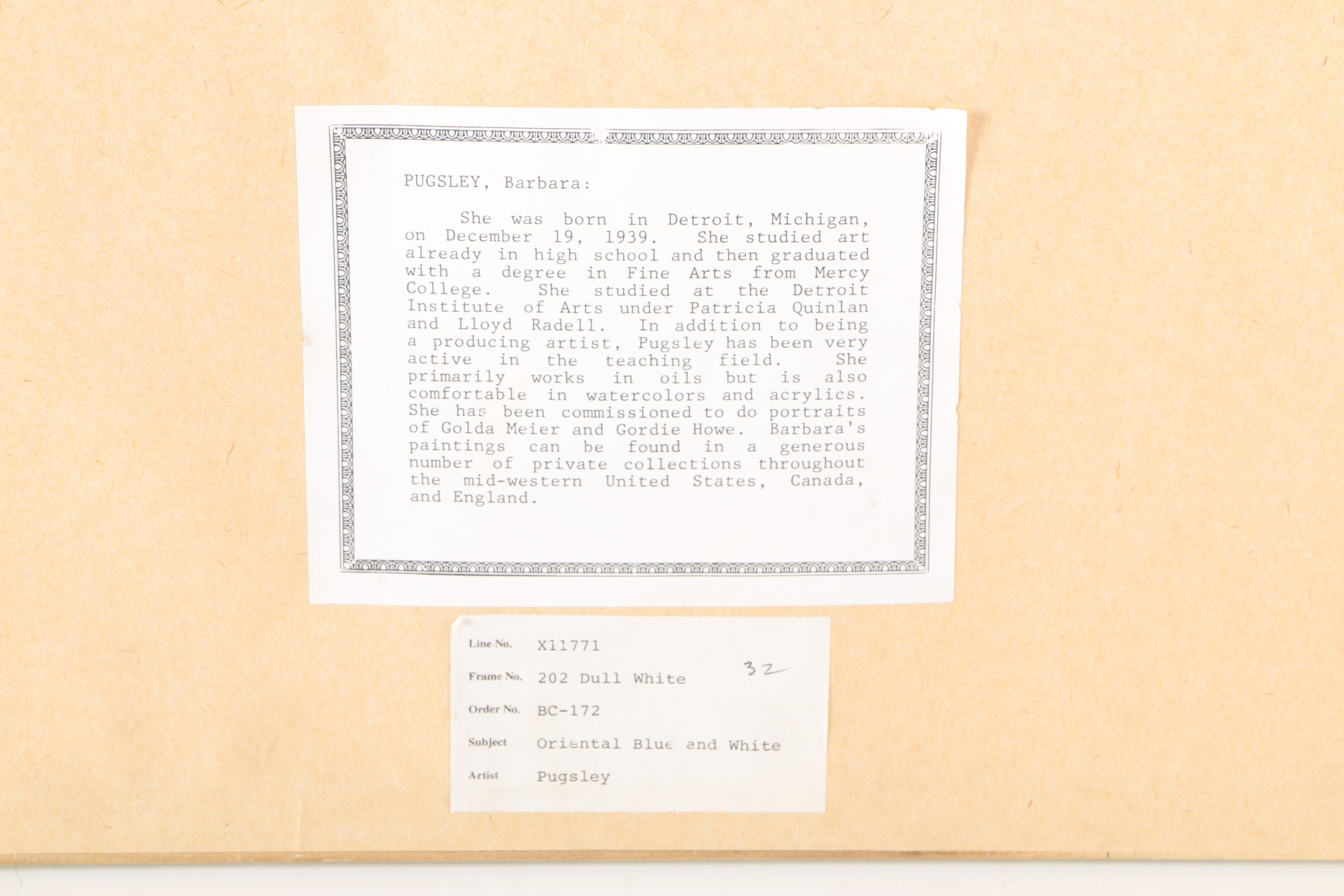 Barbara Hess Pugsley Watercolor Painting on Paper Still Life of Asian Porcelain