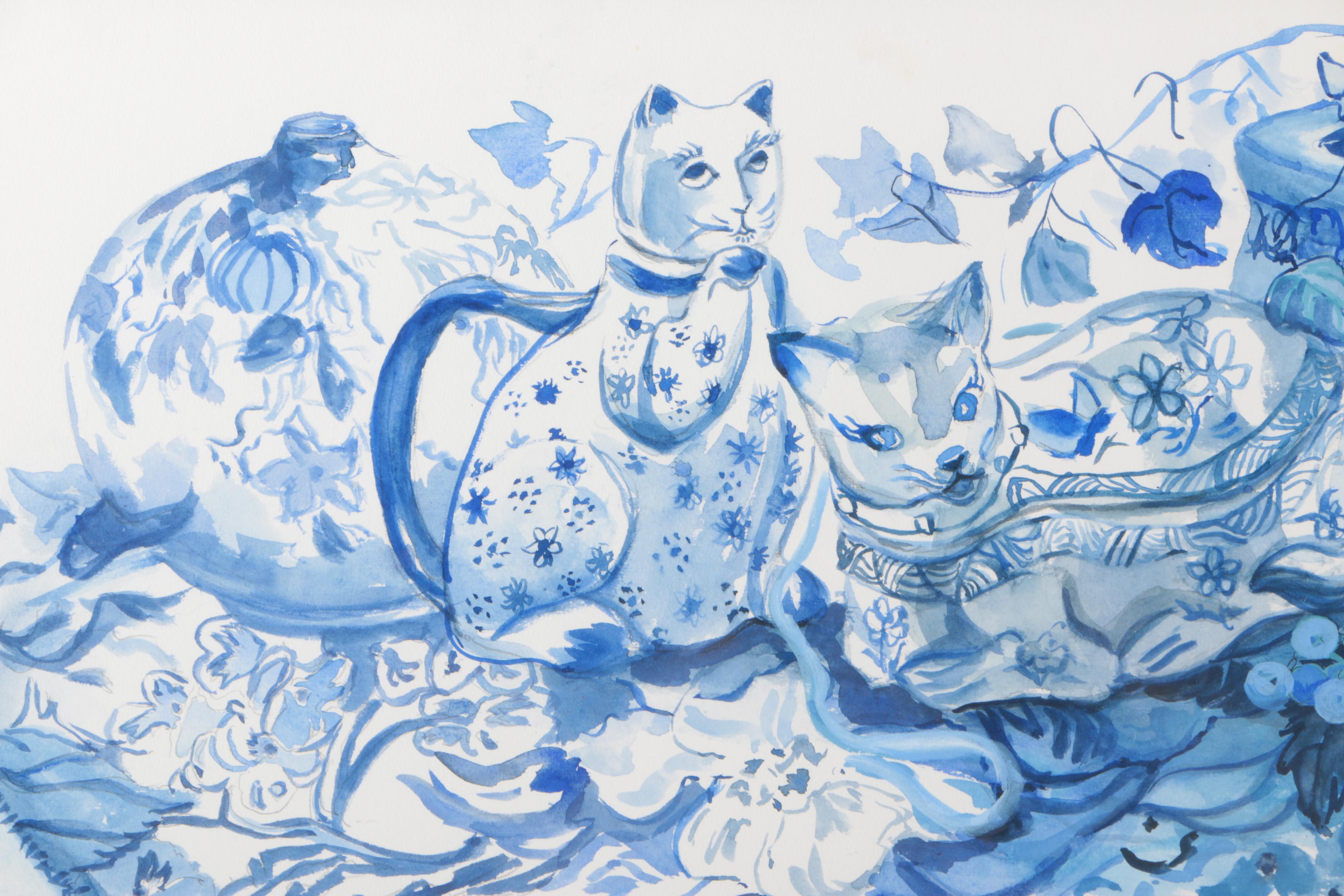 Barbara Hess Pugsley Watercolor and Pencil Drawing Blue and White Asian Porcelain