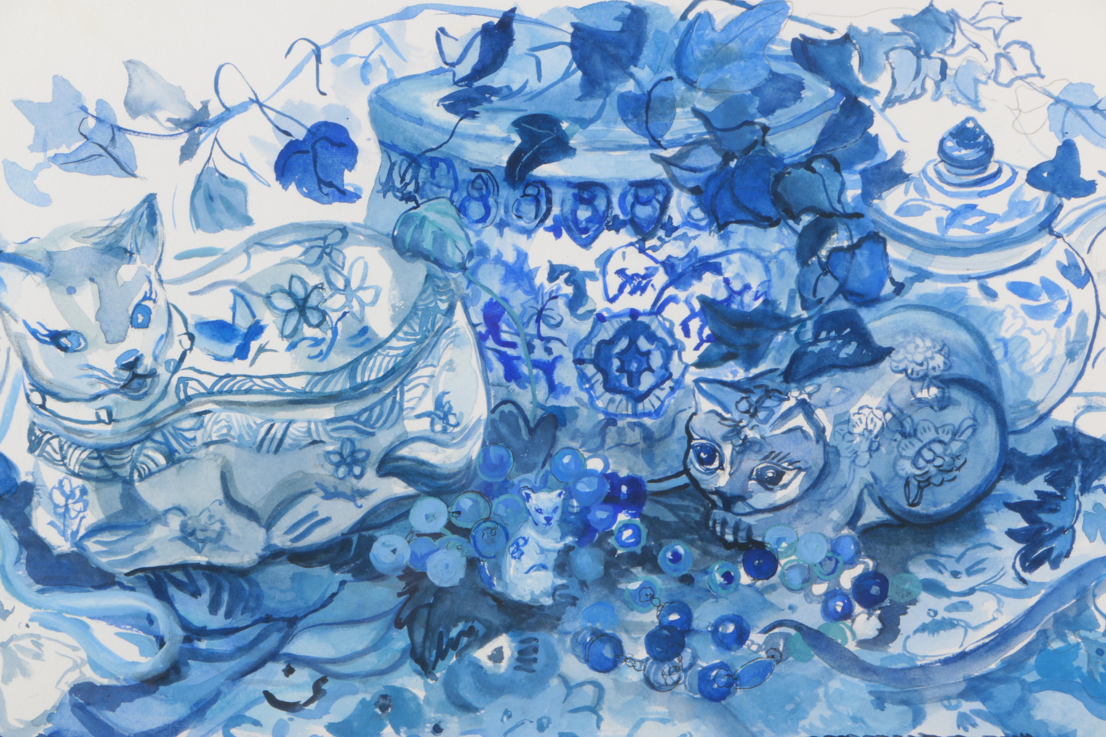 Barbara Hess Pugsley Watercolor and Pencil Drawing Blue and White Asian Porcelain