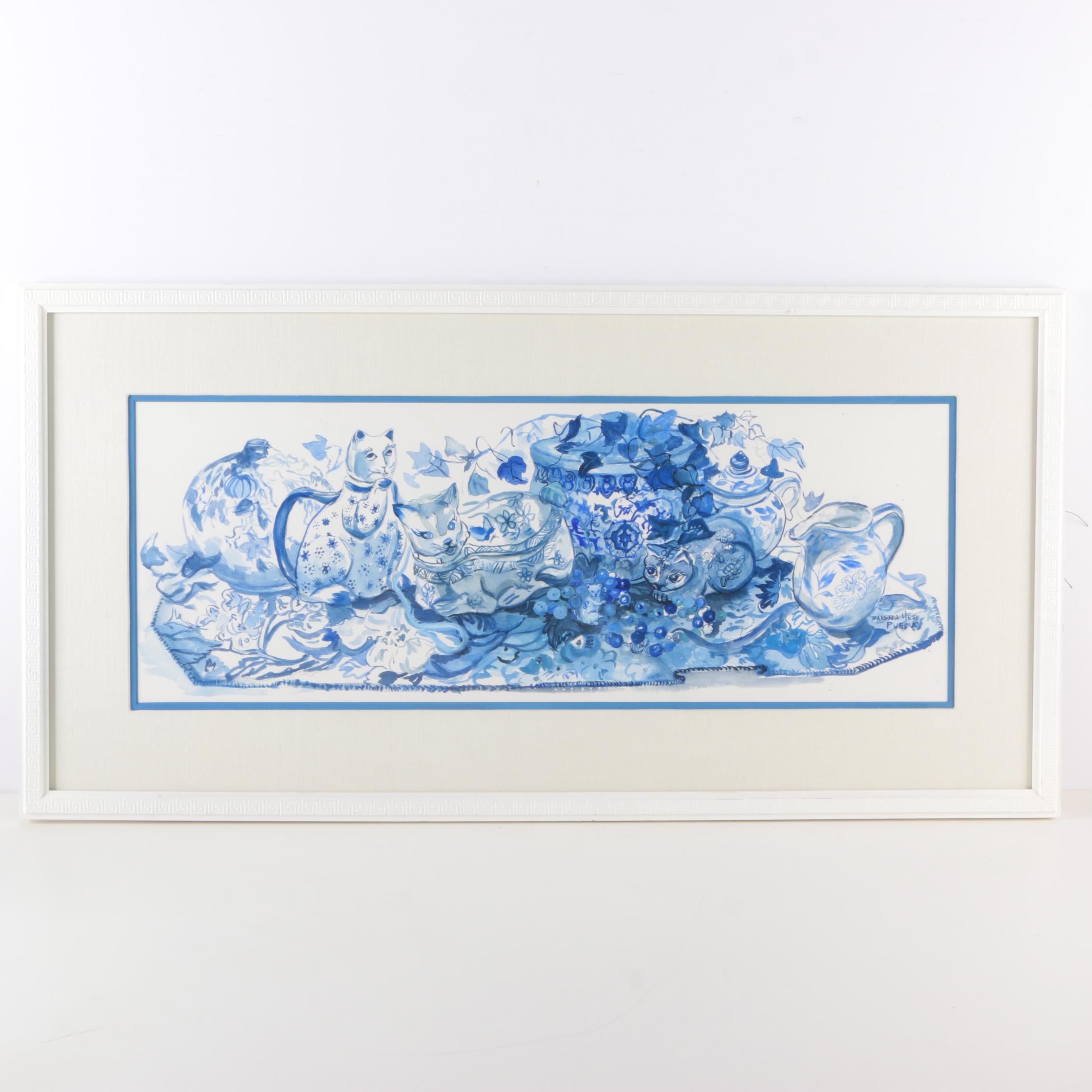 Barbara Hess Pugsley Watercolor and Pencil Drawing Blue and White Asian Porcelain