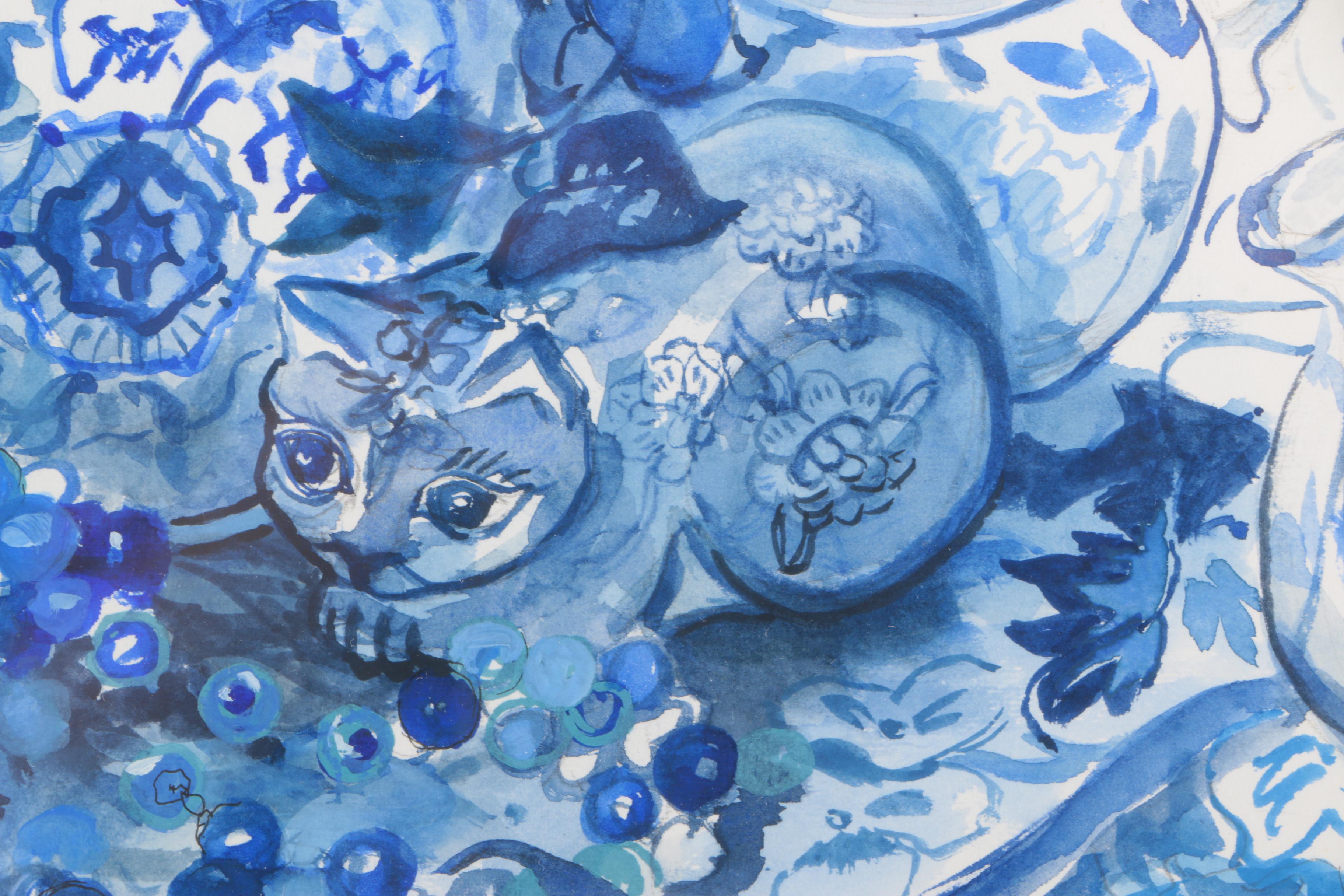 Barbara Hess Pugsley Watercolor and Pencil Drawing Blue and White Asian Porcelain