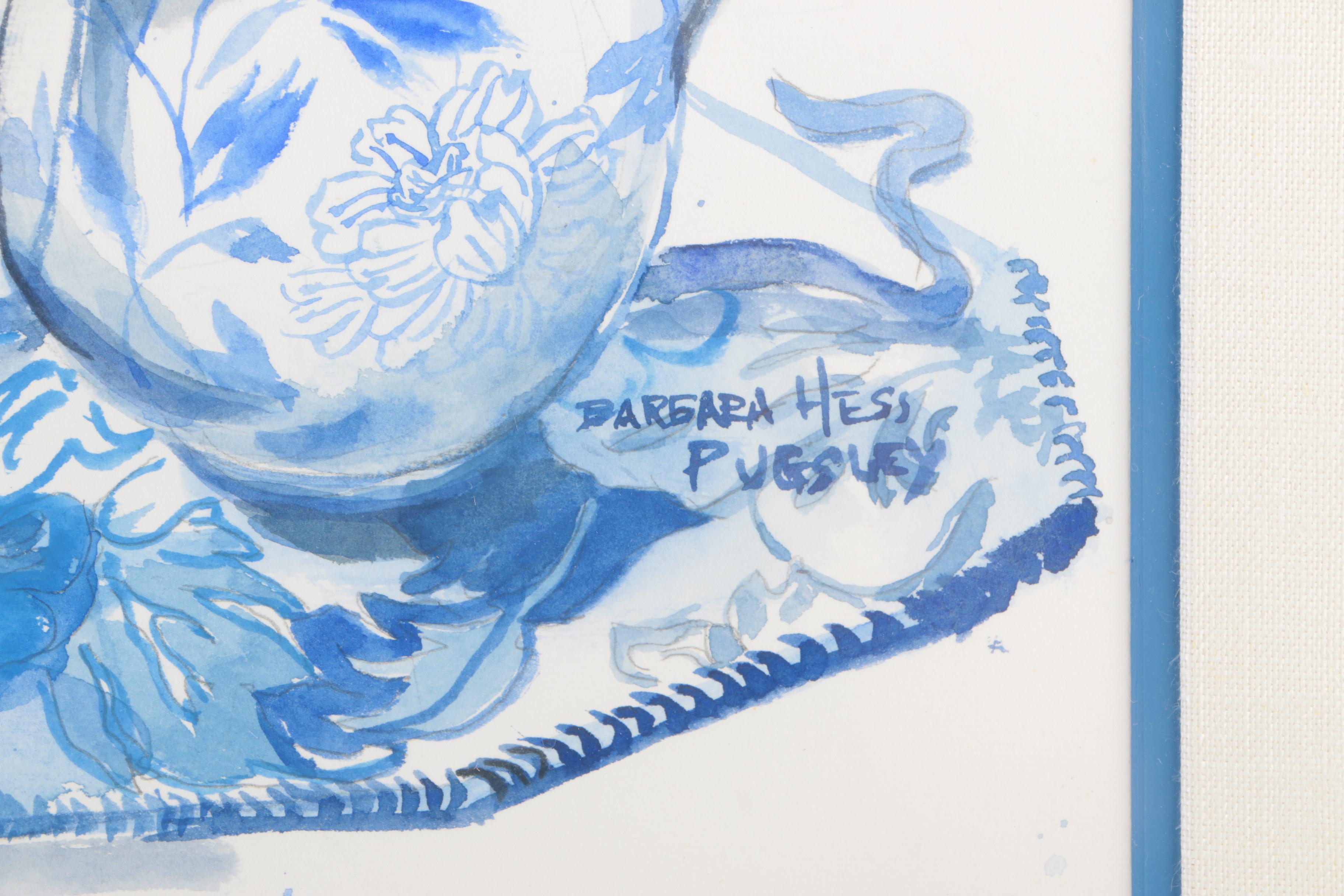 Barbara Hess Pugsley Watercolor and Pencil Drawing Blue and White Asian Porcelain