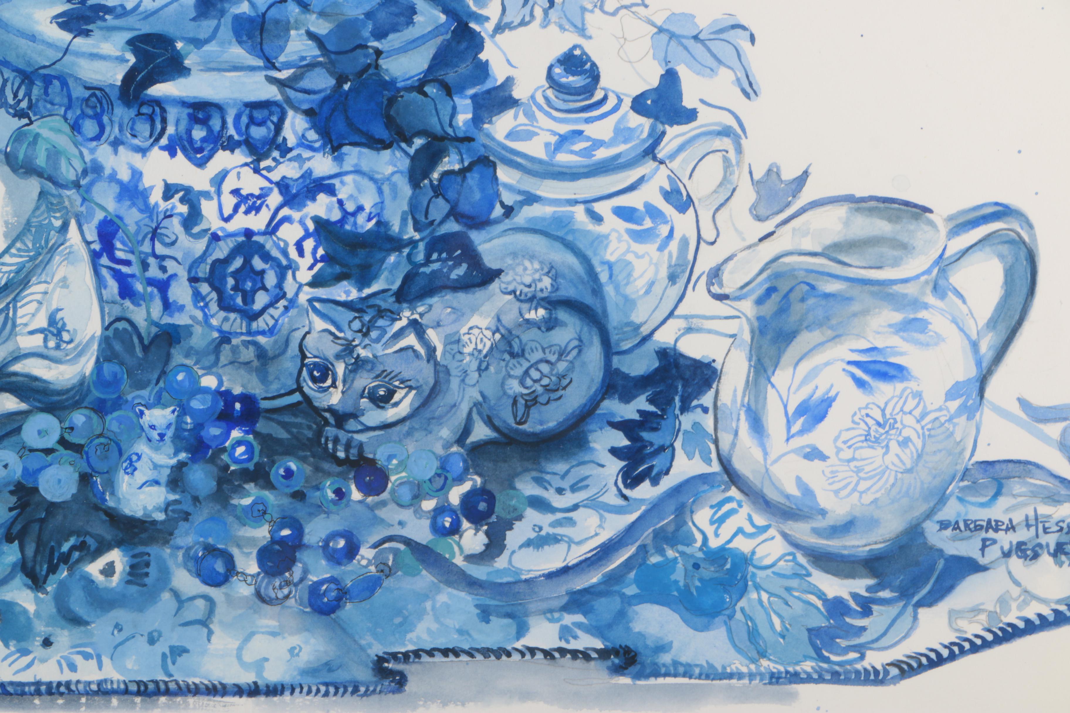 Barbara Hess Pugsley Watercolor and Pencil Drawing Blue and White Asian Porcelain
