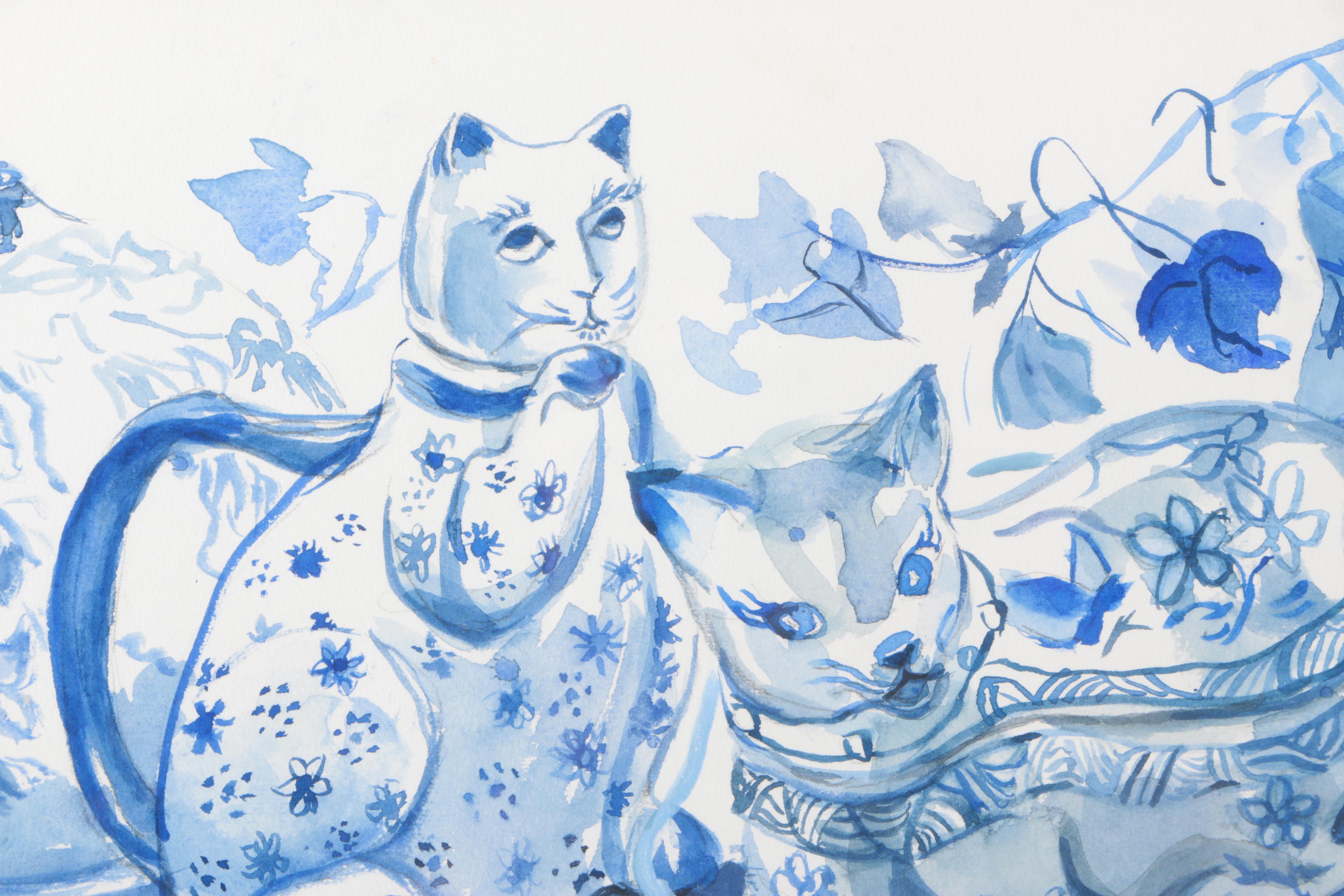 Barbara Hess Pugsley Watercolor and Pencil Drawing Blue and White Asian Porcelain
