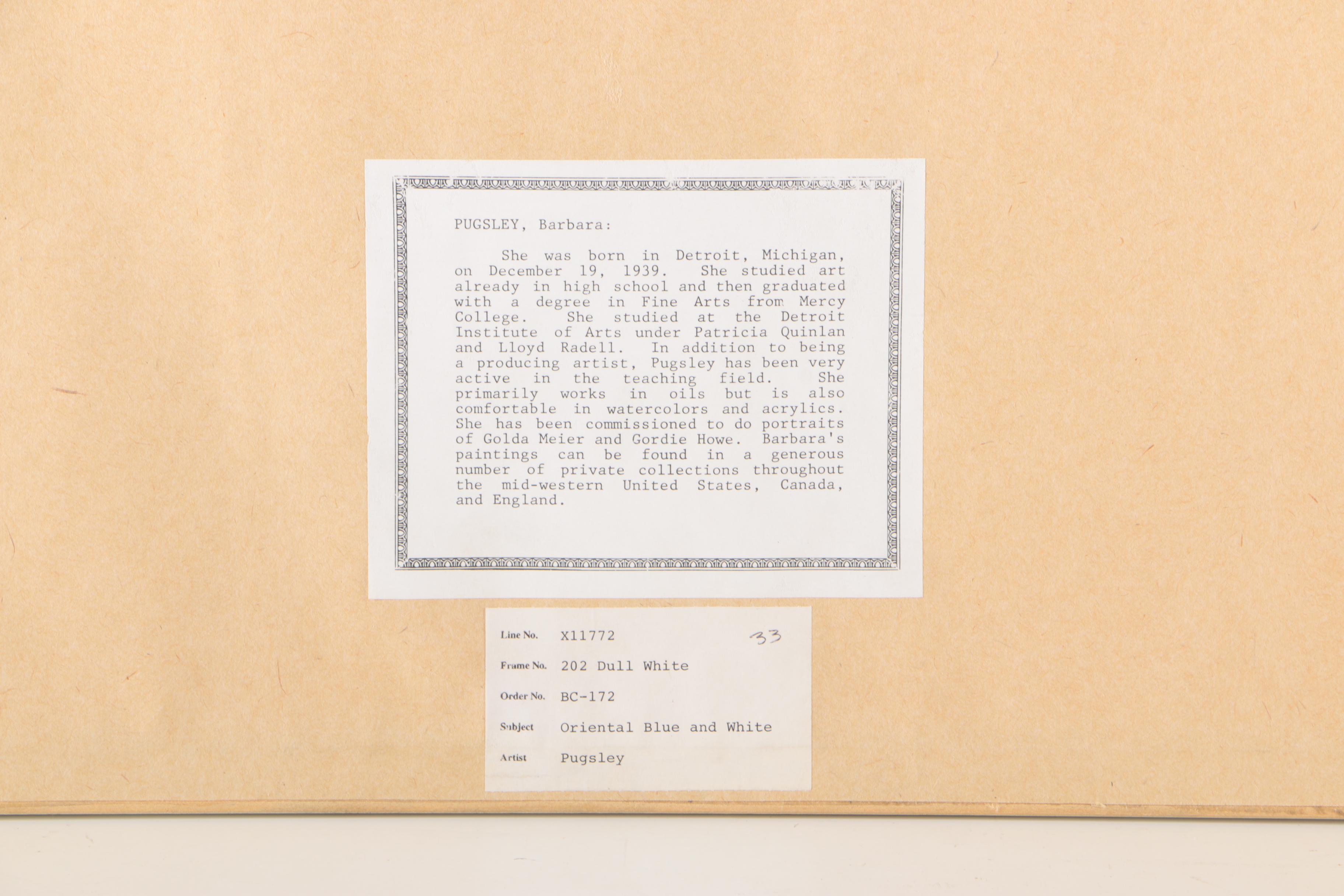 Barbara Hess Pugsley Watercolor and Pencil Drawing Blue and White Asian Porcelain