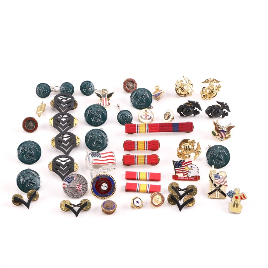 Assortment of Military Pins and Buttons