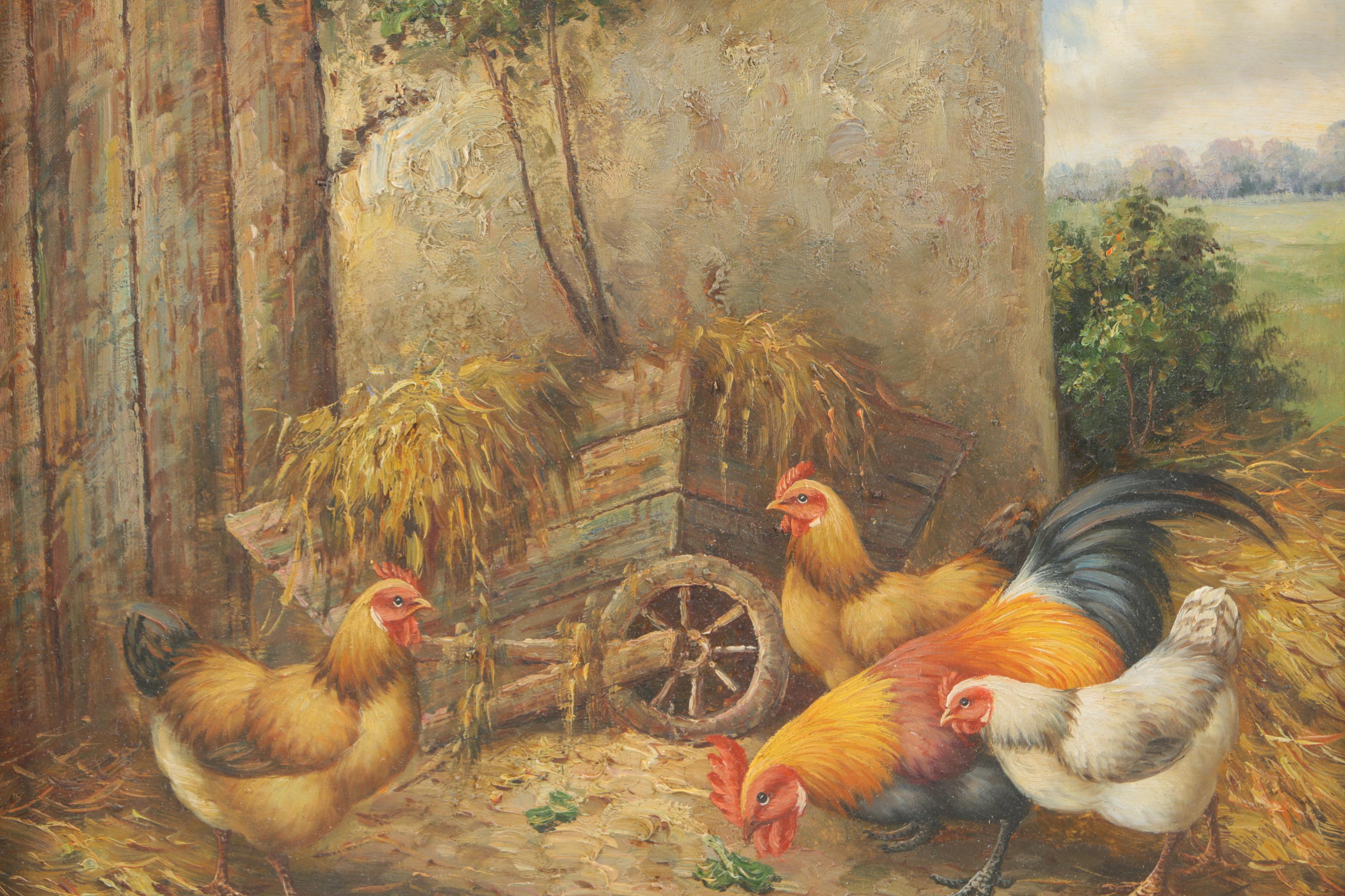 C. Shayer Oil Painting On Wood Panel "Barnyard With Chickens"