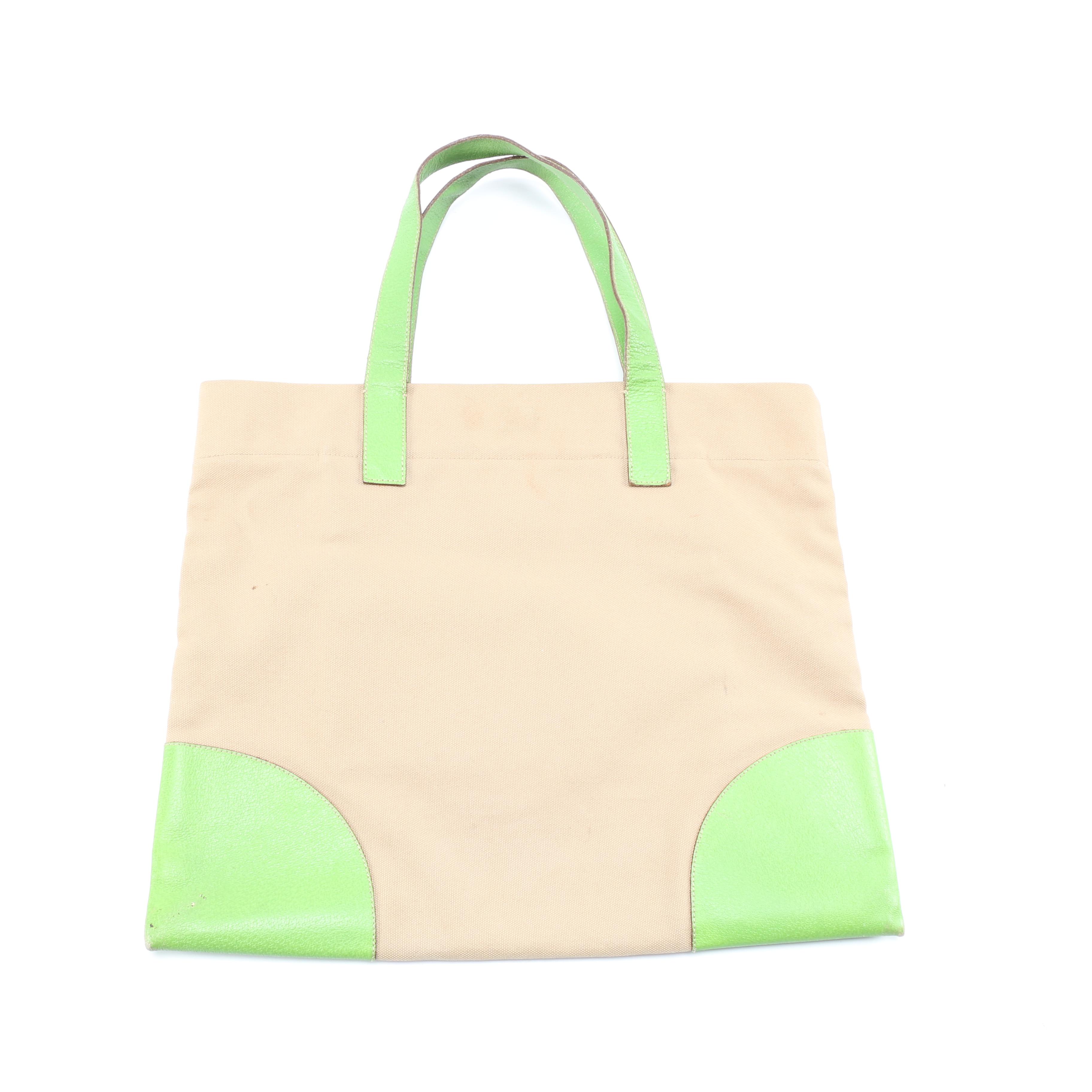 Prada Canvas and Green Leather Tote