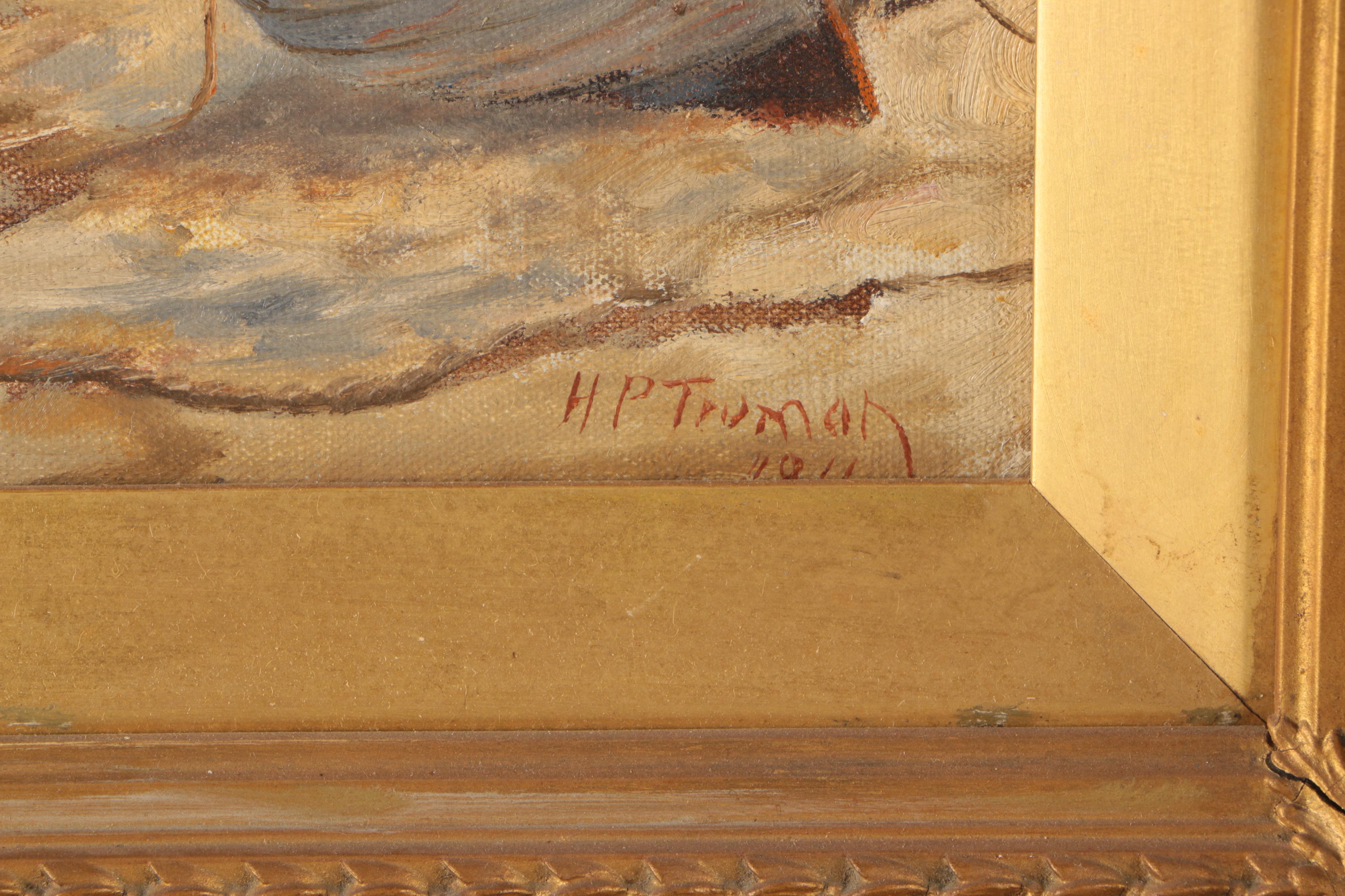 H. P. Truman Oil Painting on Canvas Board "Ship At Shore"