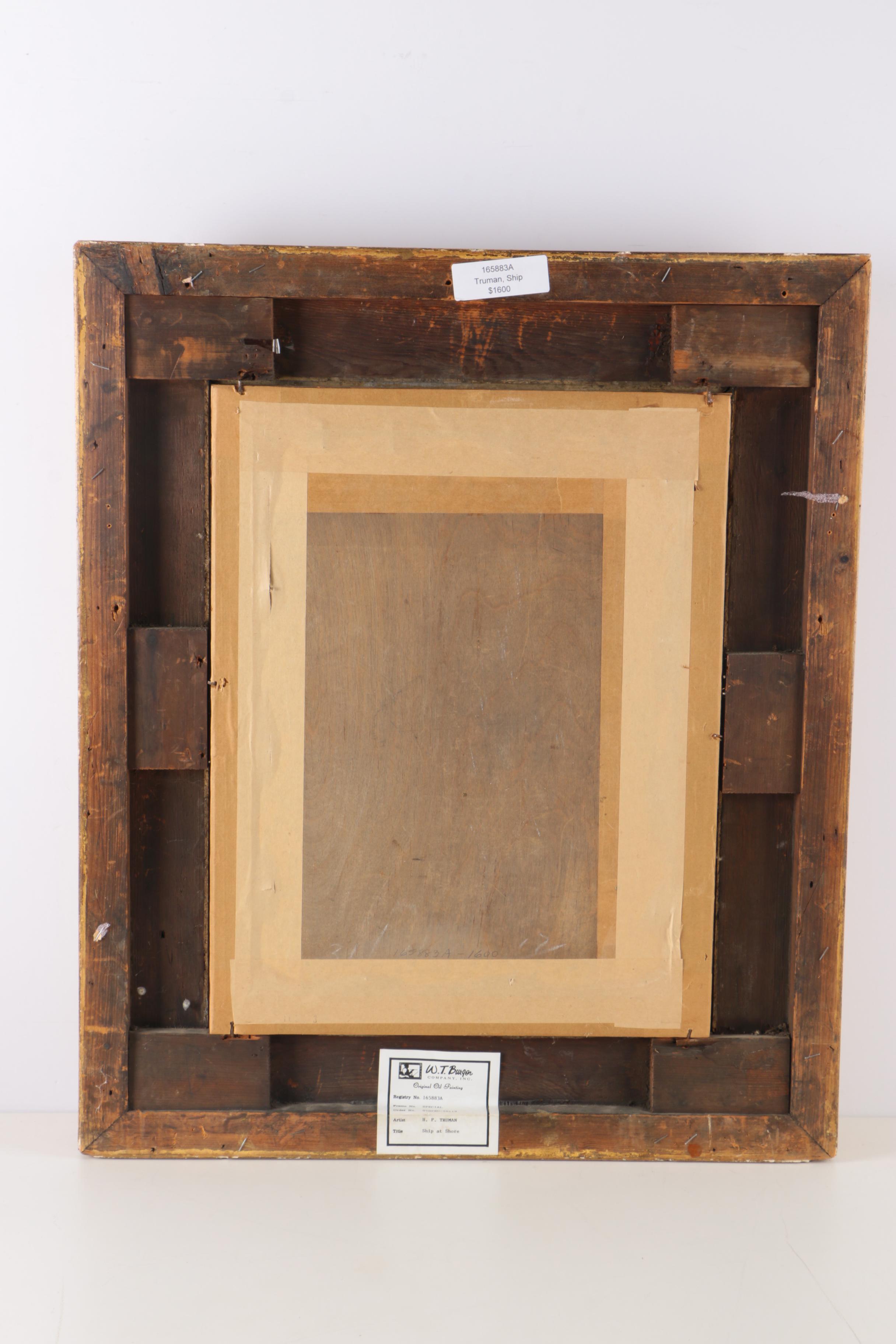 H. P. Truman Oil Painting on Canvas Board "Ship At Shore"