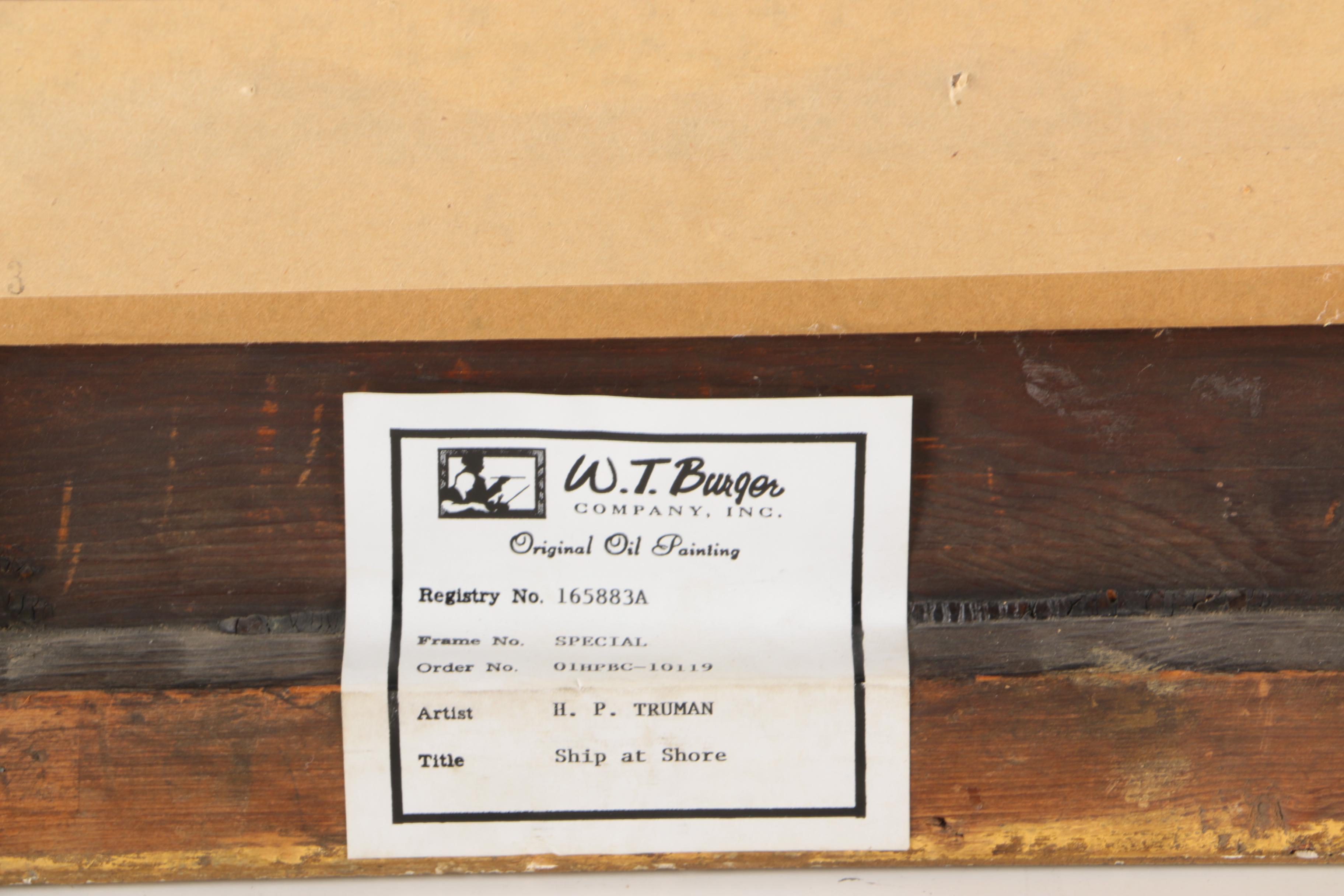 H. P. Truman Oil Painting on Canvas Board "Ship At Shore"