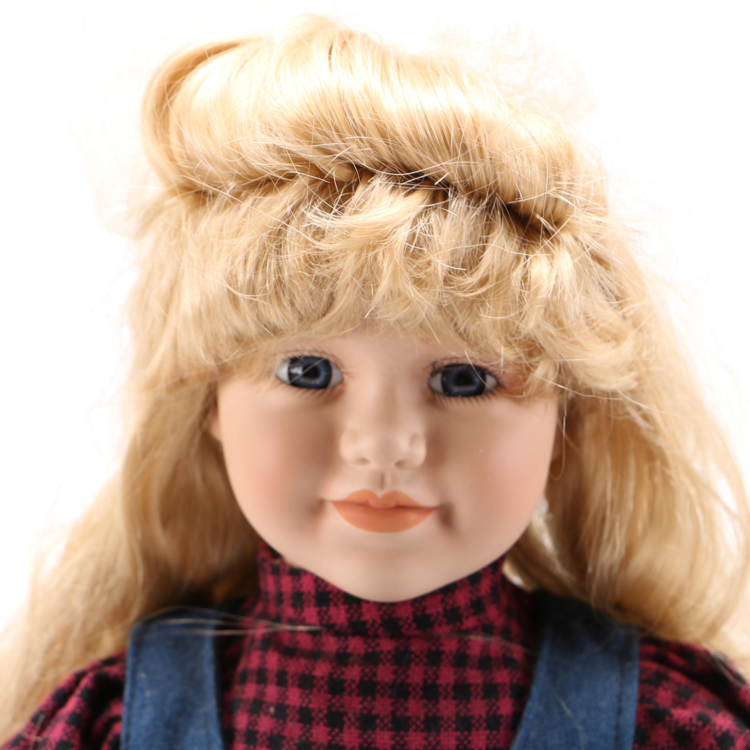 Porcelain Doll in Denim Jumper