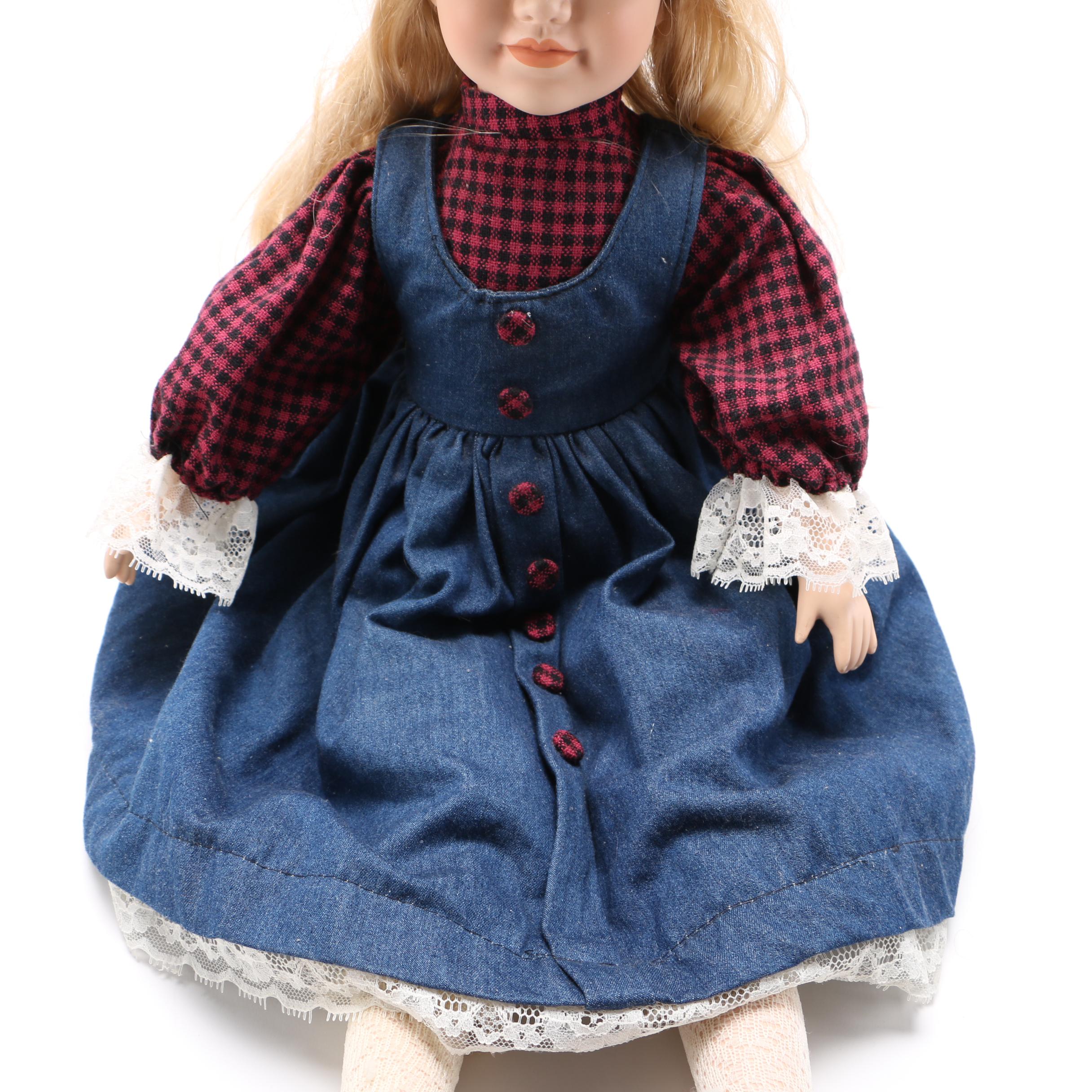 Porcelain Doll in Denim Jumper