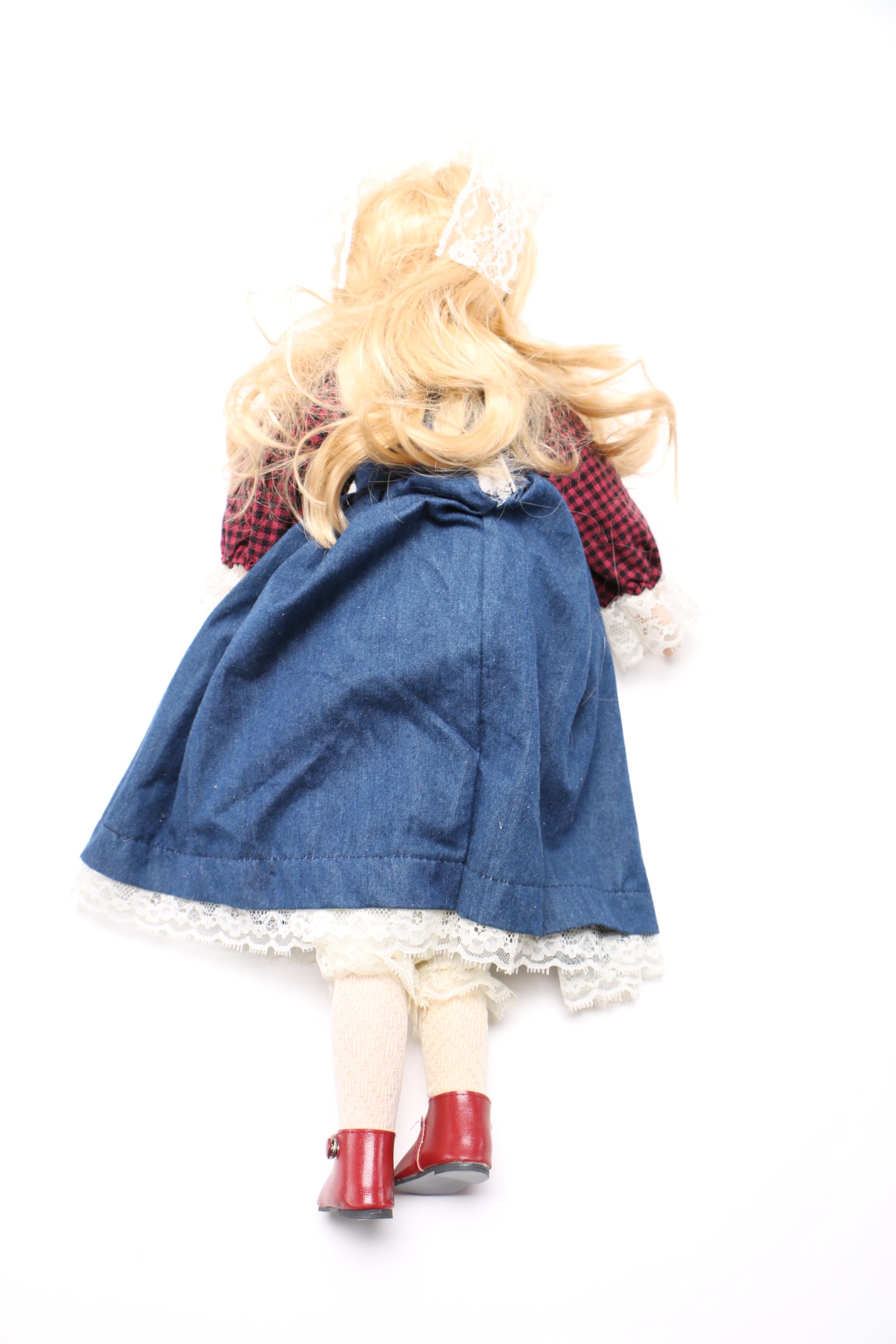 Porcelain Doll in Denim Jumper