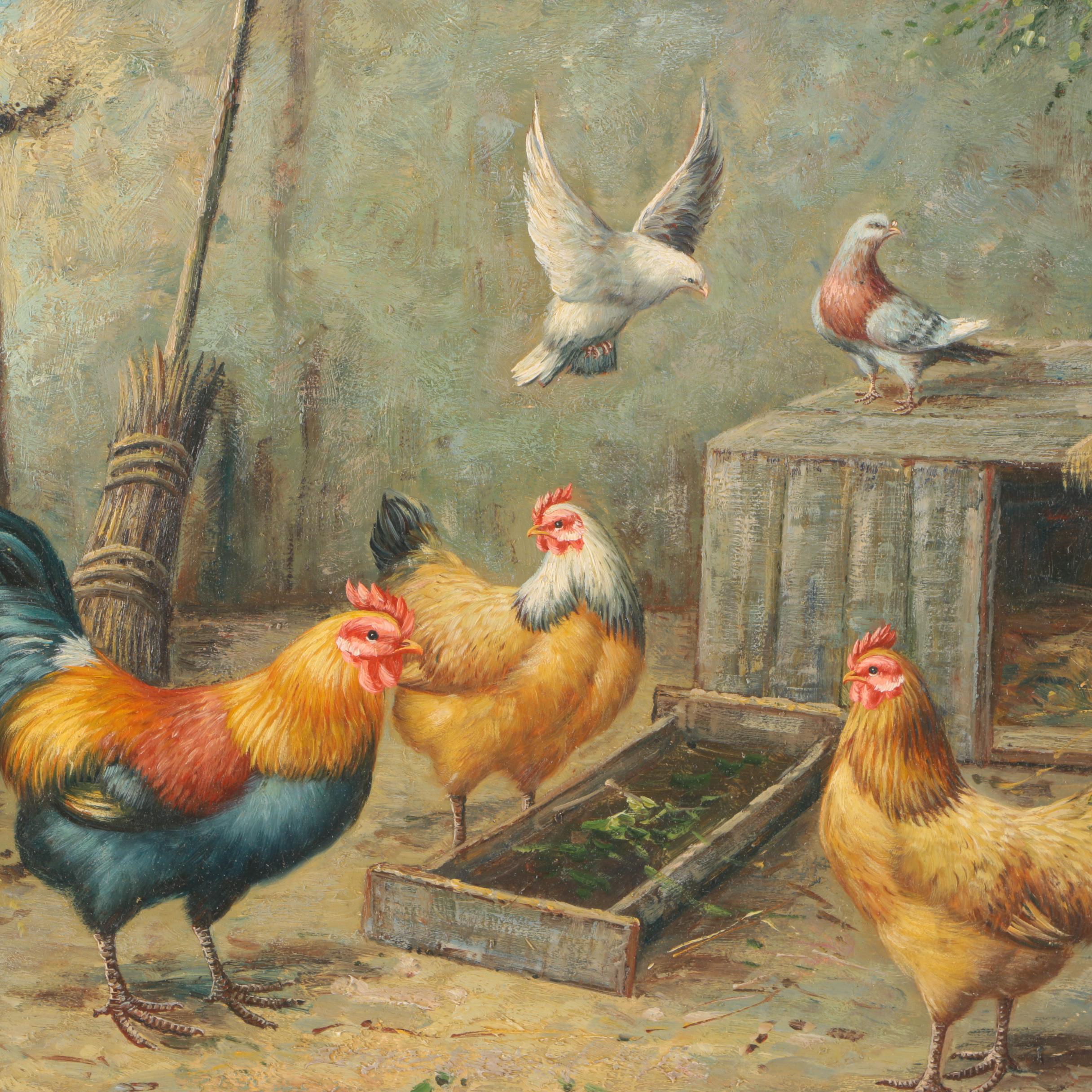 C. Lavel Oil on Wood Panel "Chickens"