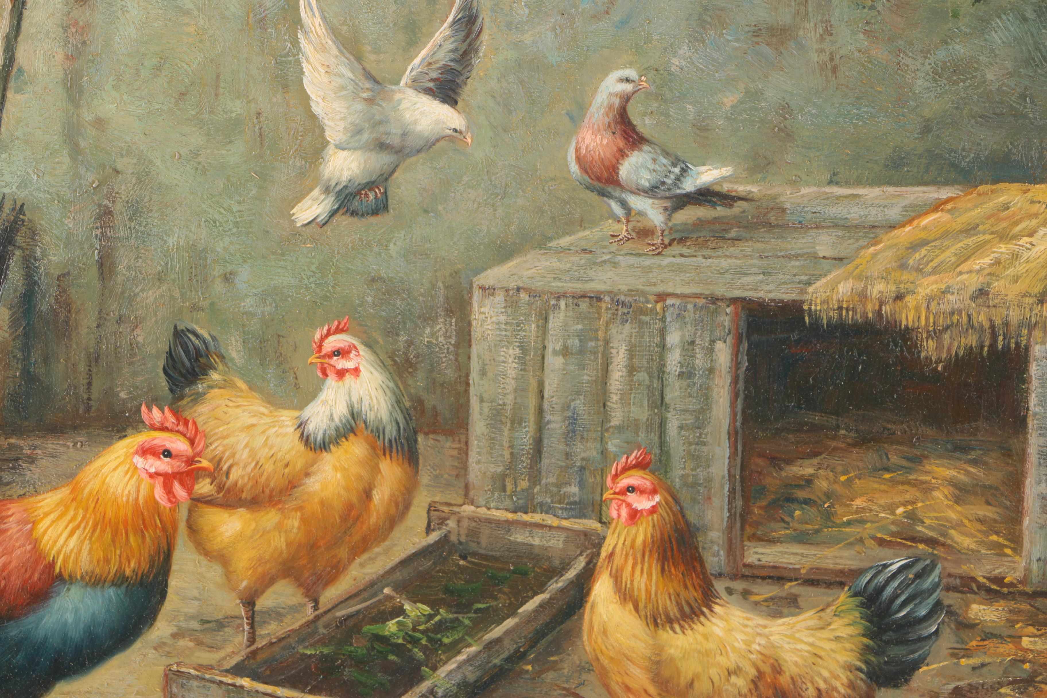 C. Lavel Oil on Wood Panel "Chickens"