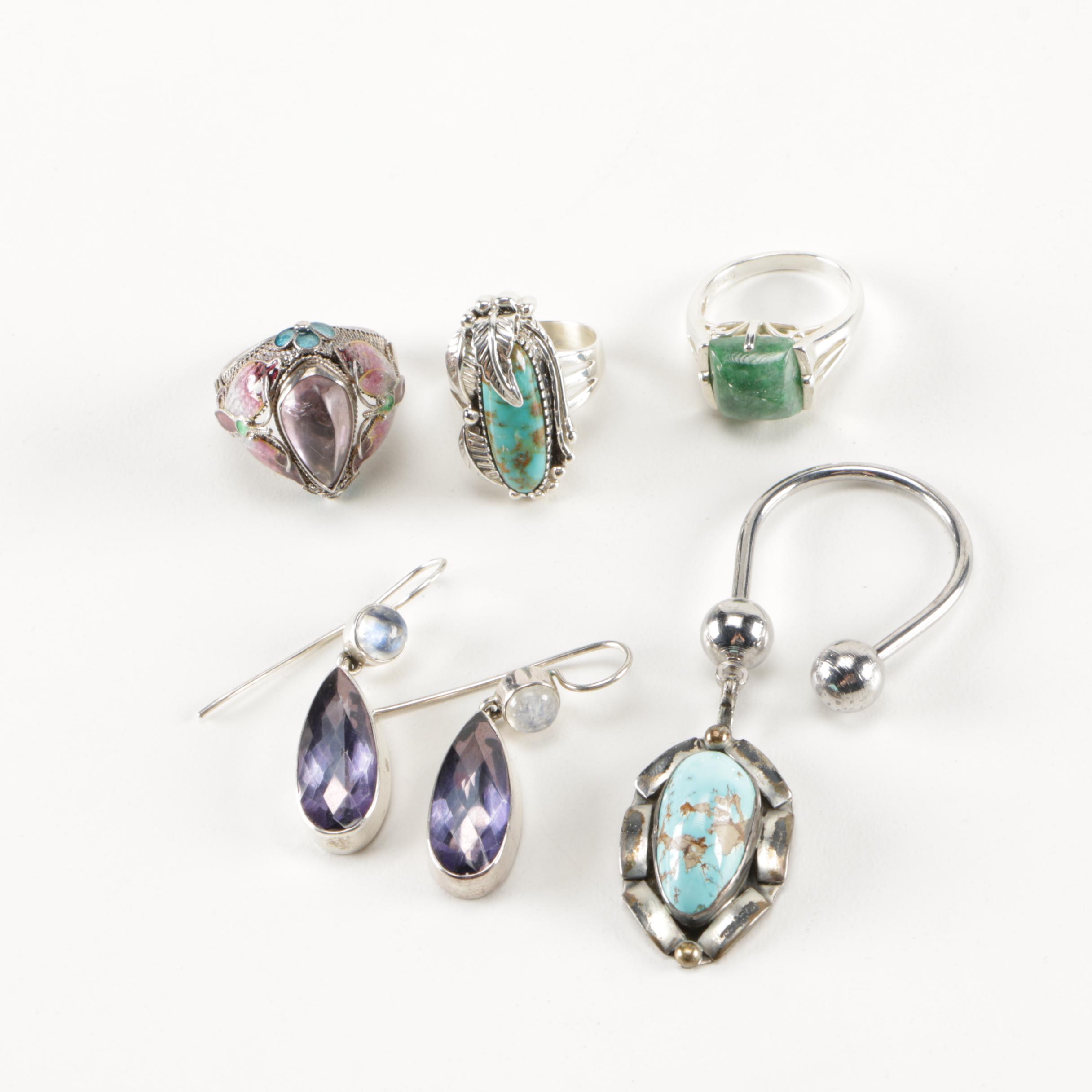 Sterling Silver and Stone Rings, Earrings and Key Chain