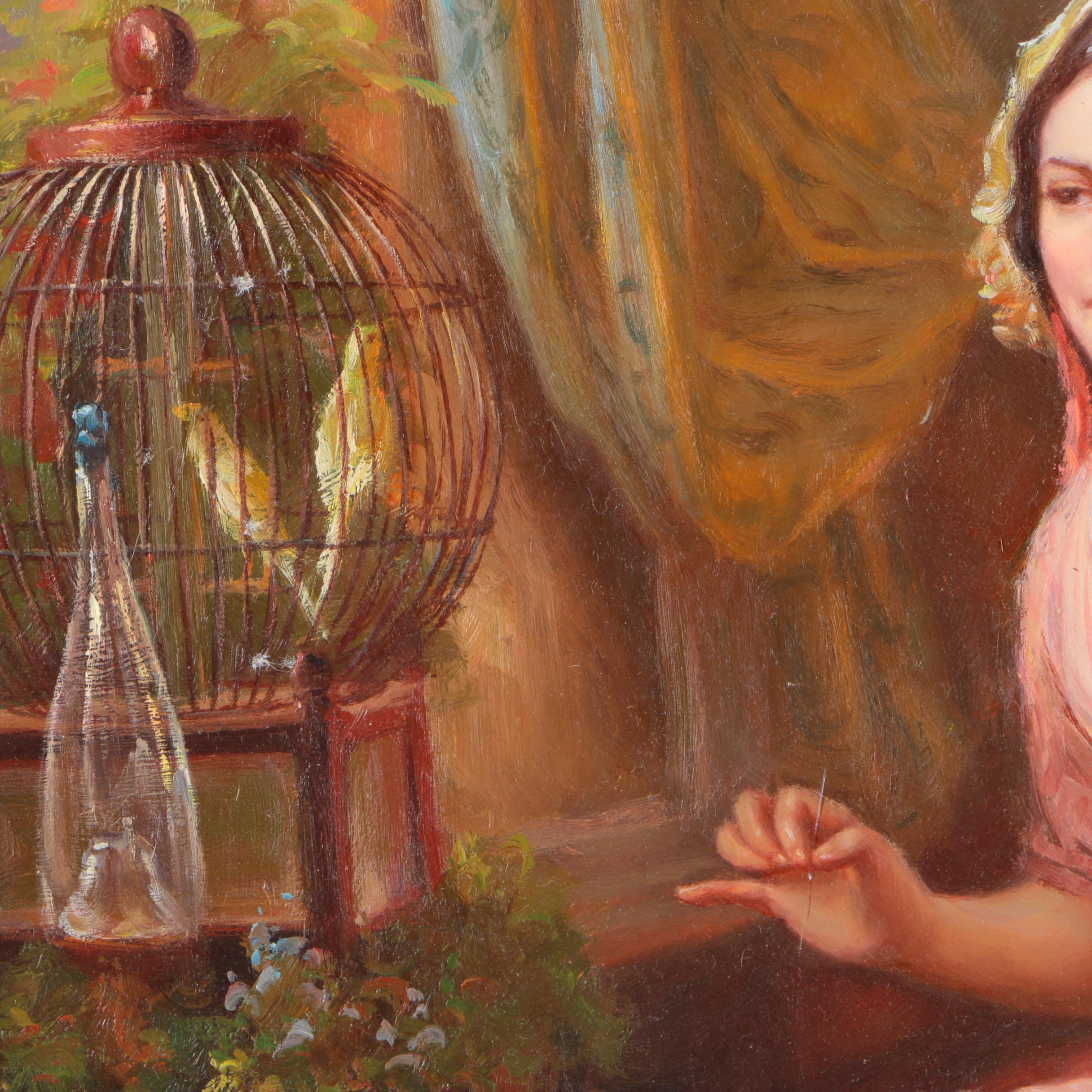 Oil on Panel "Lady Sewing" Interior Genre Scene