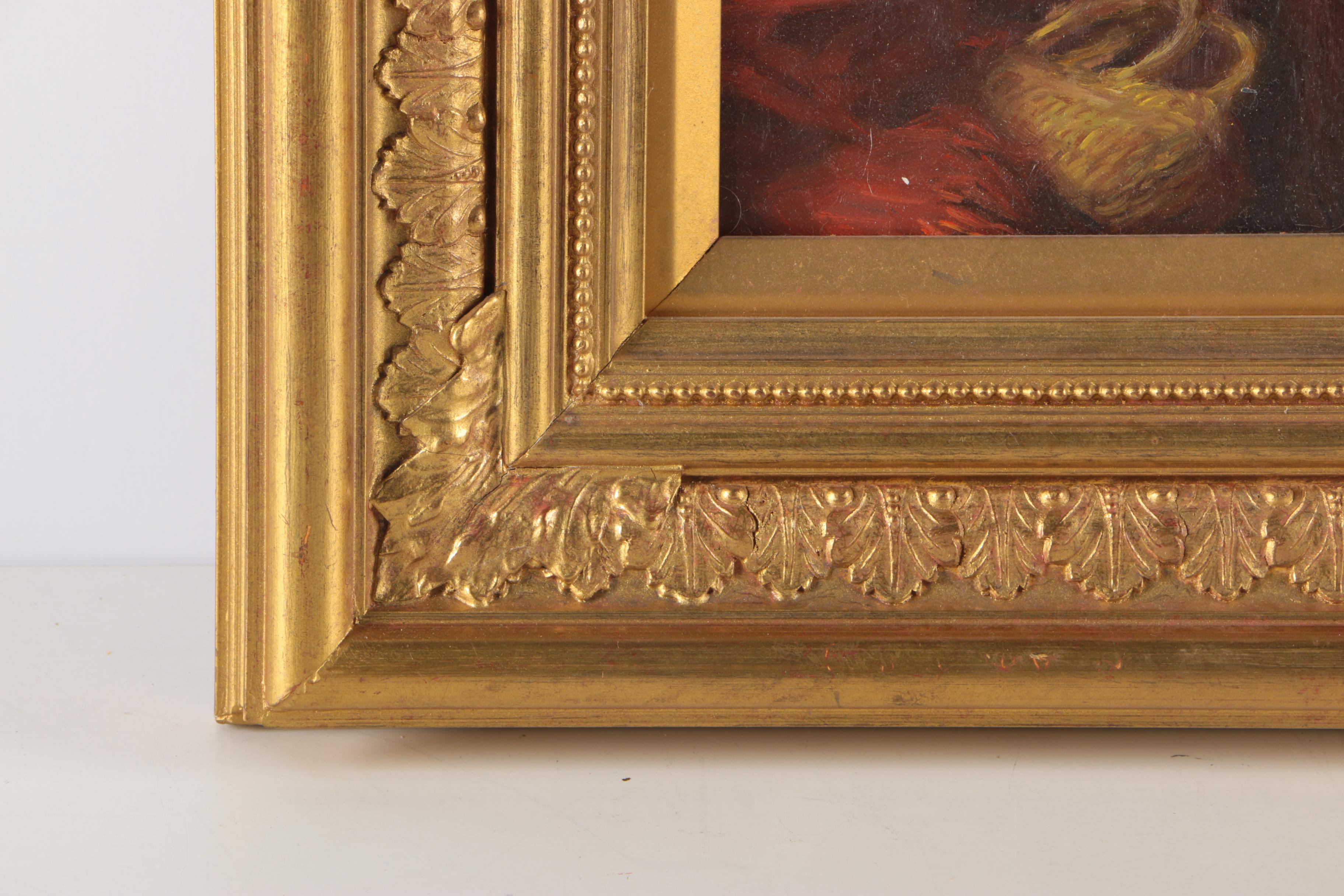 Oil on Panel "Lady Sewing" Interior Genre Scene