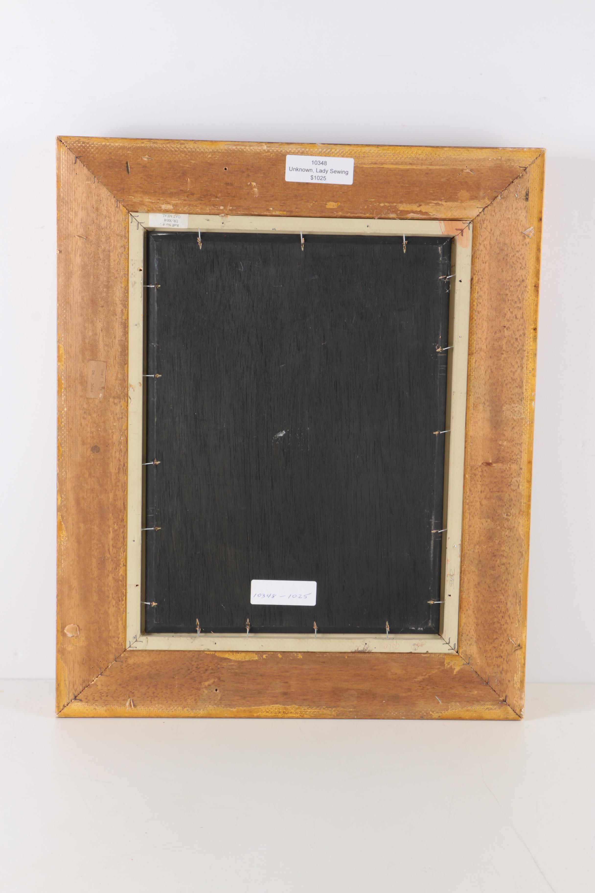 Oil on Panel "Lady Sewing" Interior Genre Scene