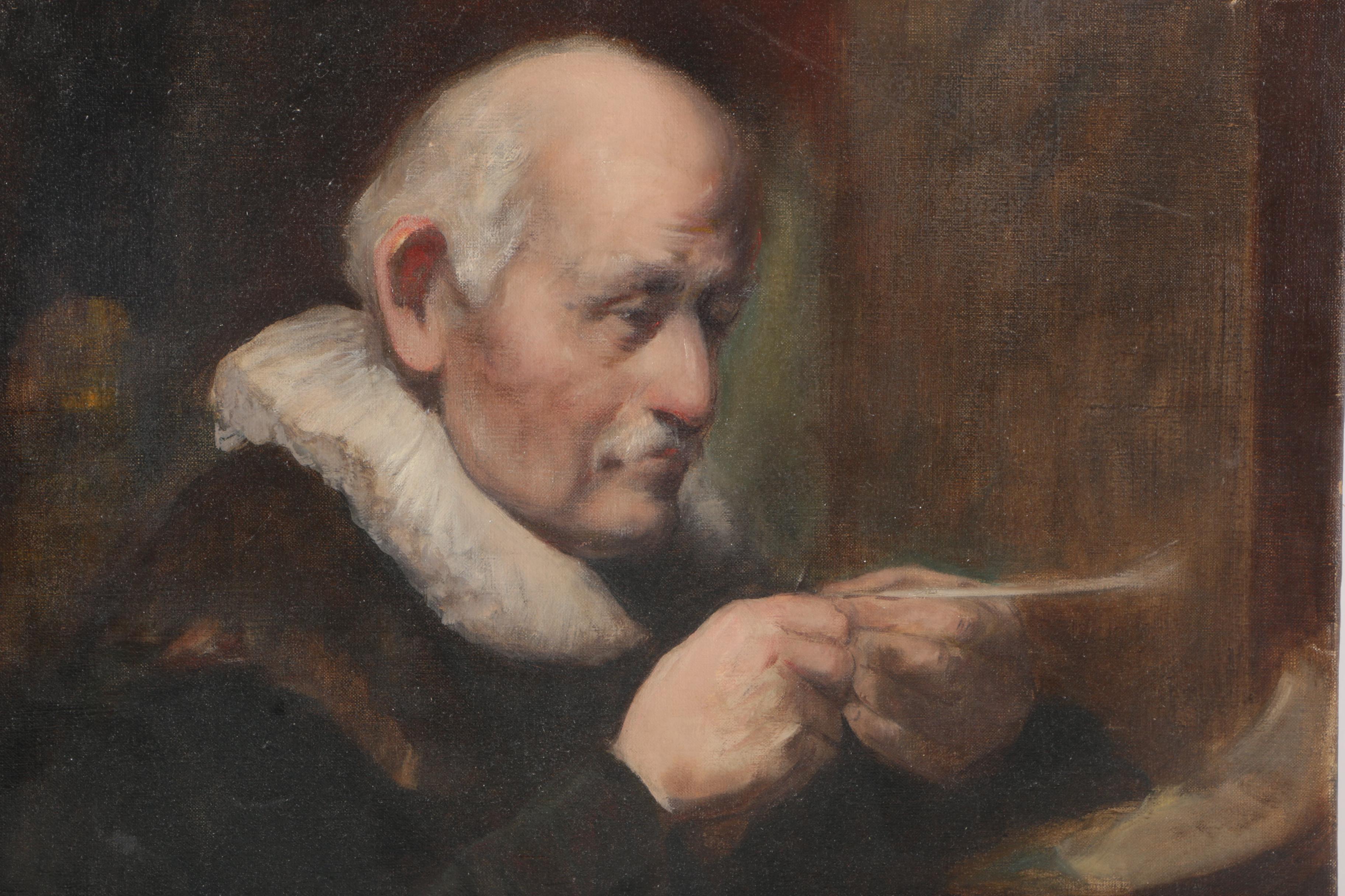 Oil On Canvas Genre Painting of a Scholar with Quill