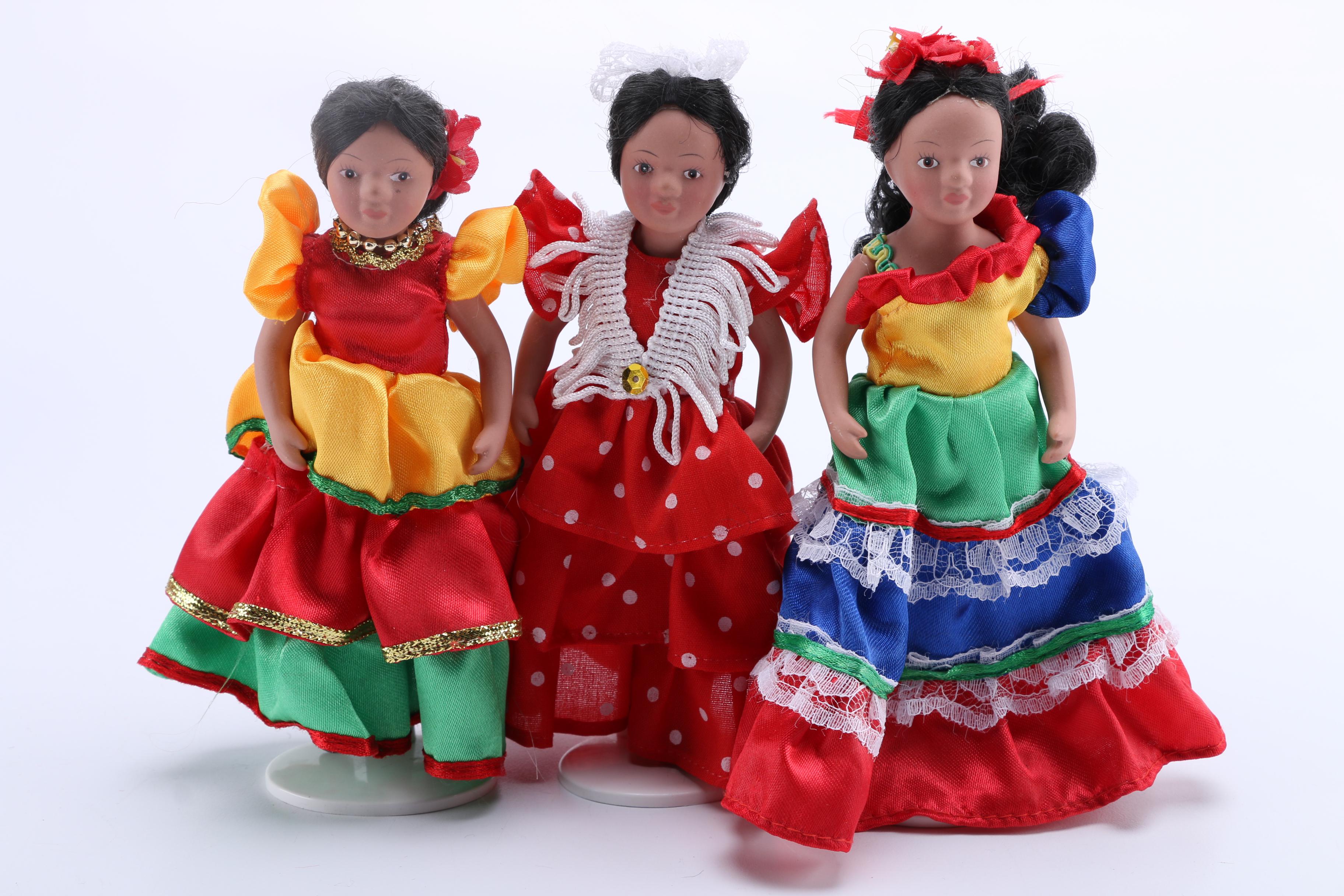 Porcelain Dolls in Mexican and Spanish Dress Featuring a Marin Chiclana