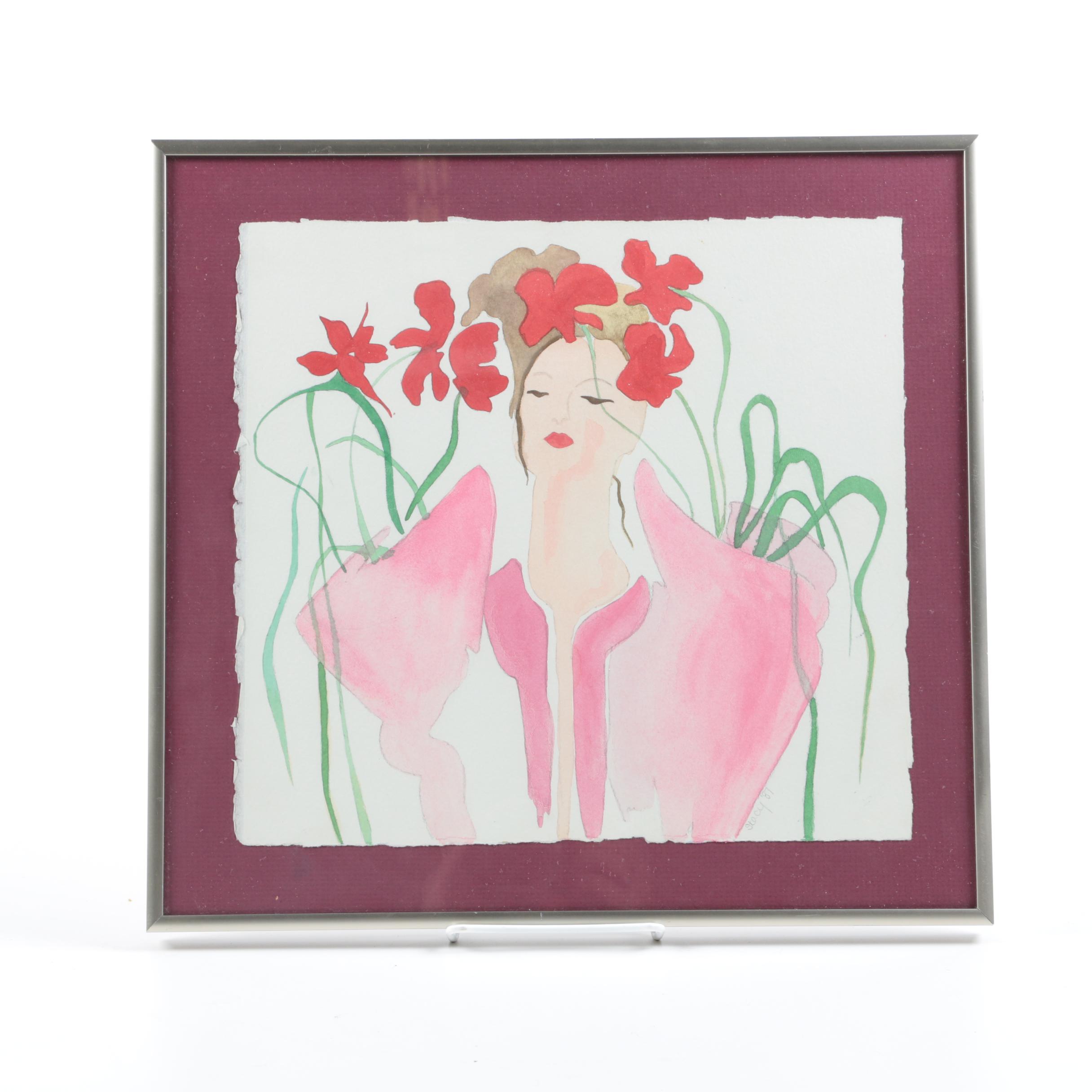Stacy Watercolor Painting of Woman With Flowers
