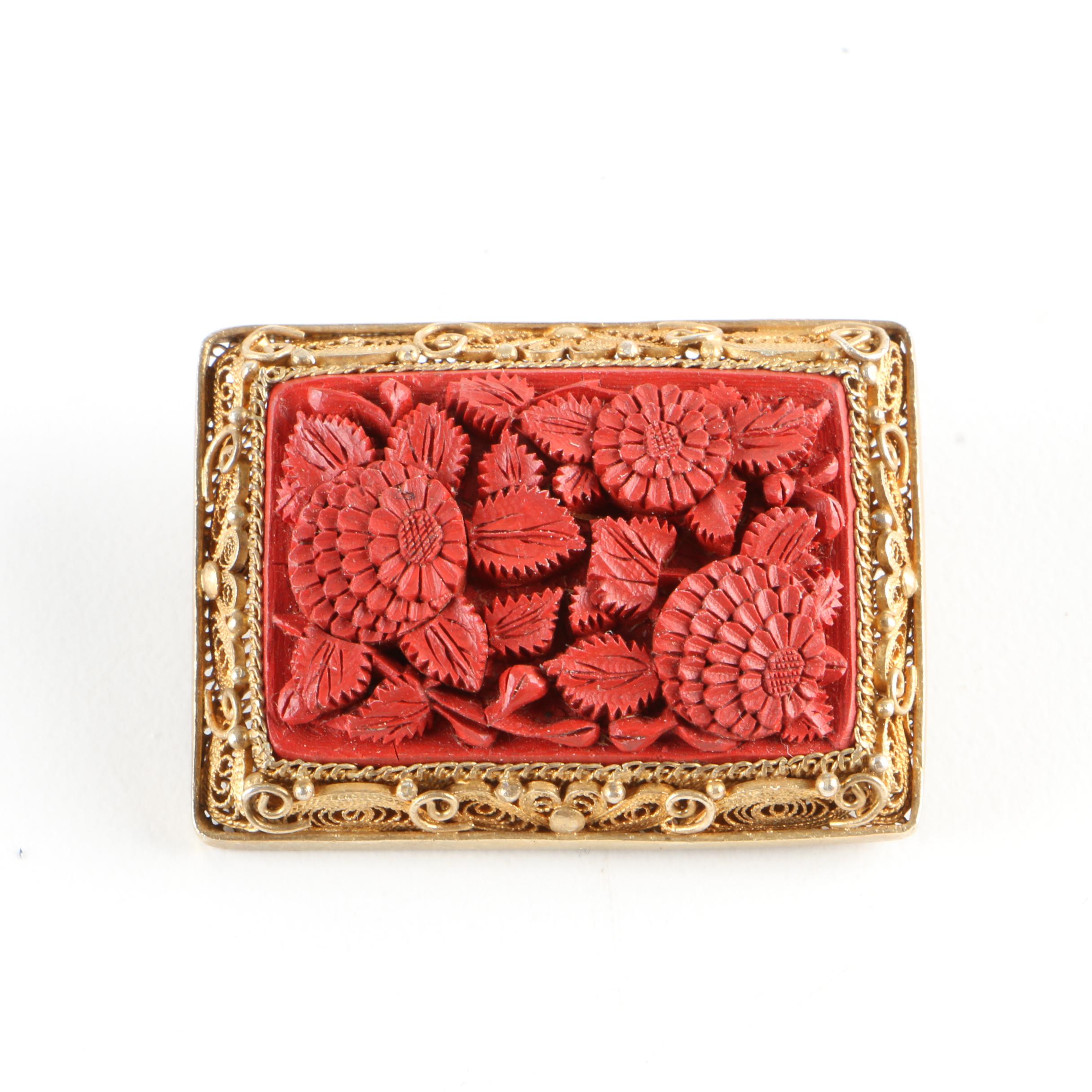 Vintage 900 Silver Brooch With Cinnabar