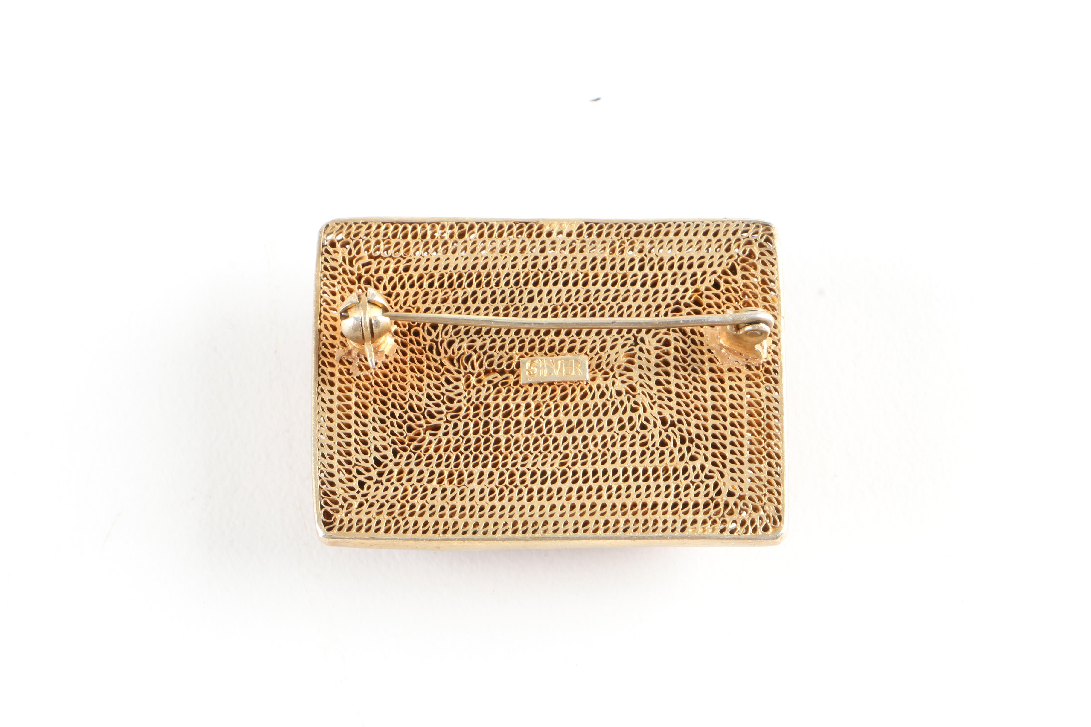 Vintage 900 Silver Brooch With Cinnabar