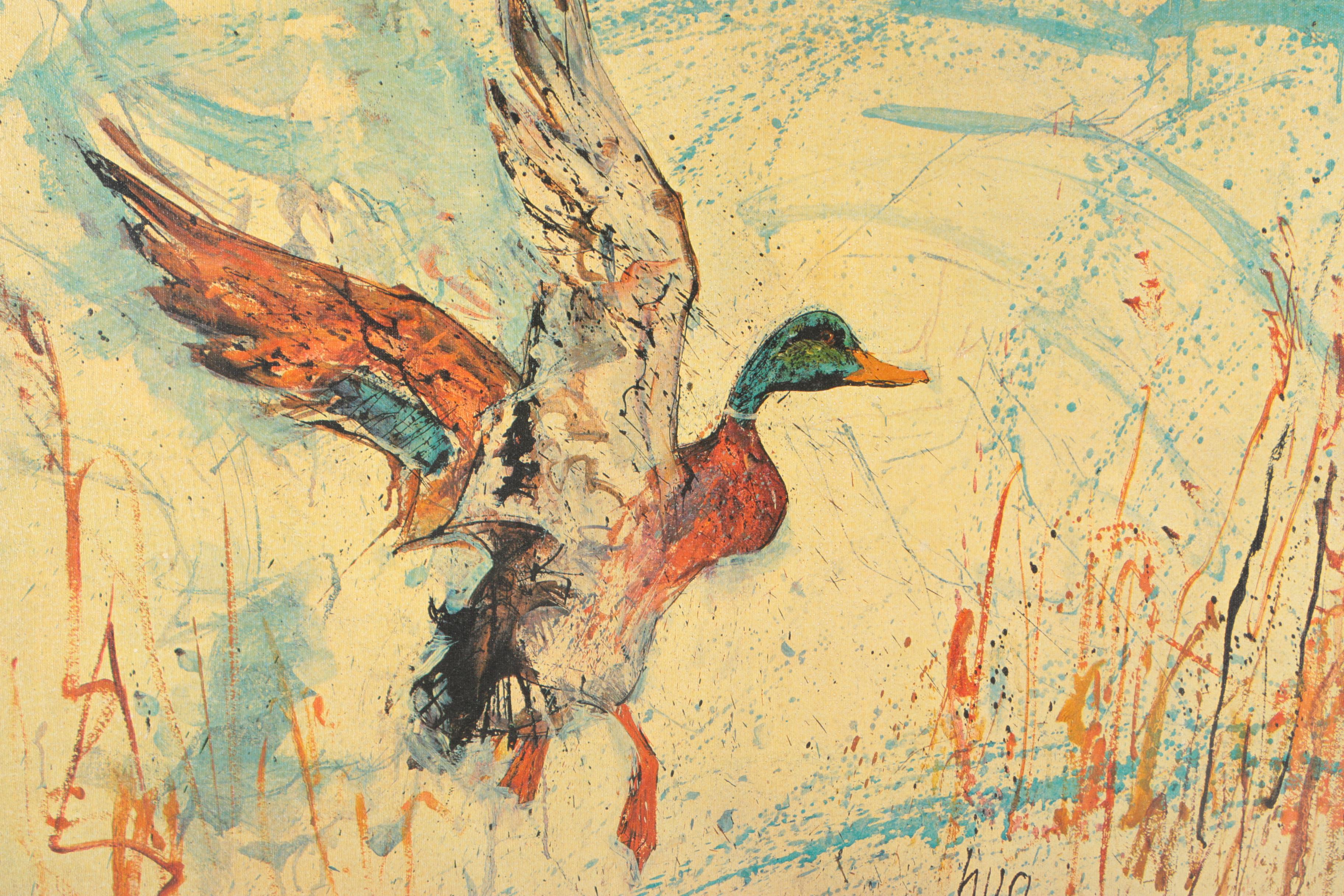 Offset Lithograph Of Mallard In Abstract Landscape