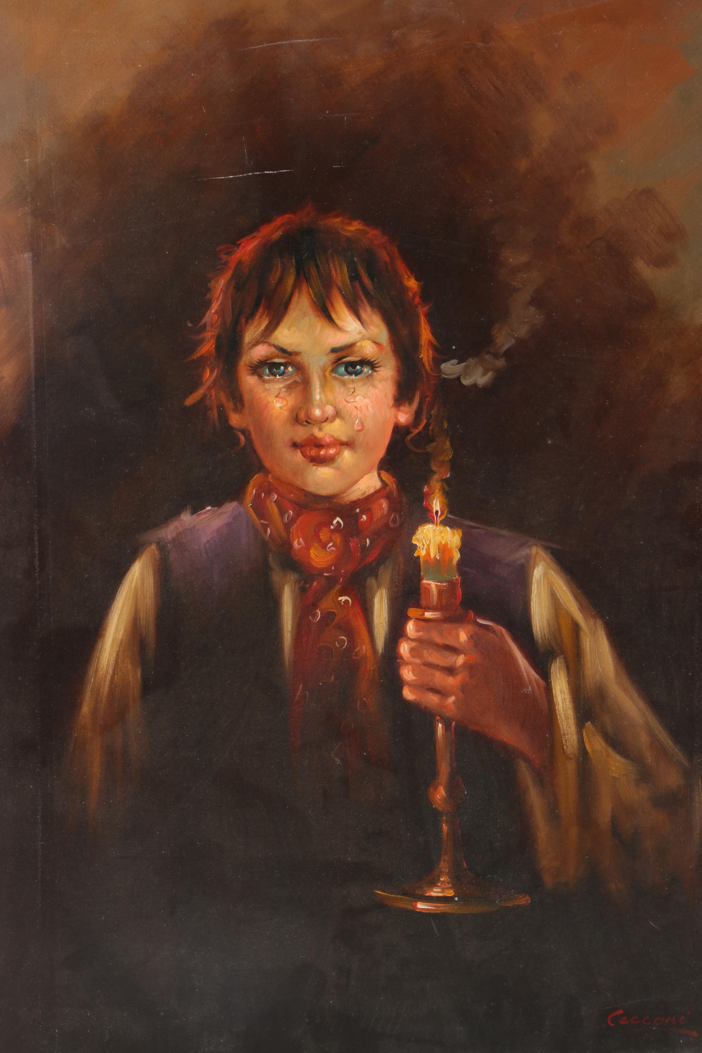 Cecconi "Boy with Candle' Oil Painting on Canvas