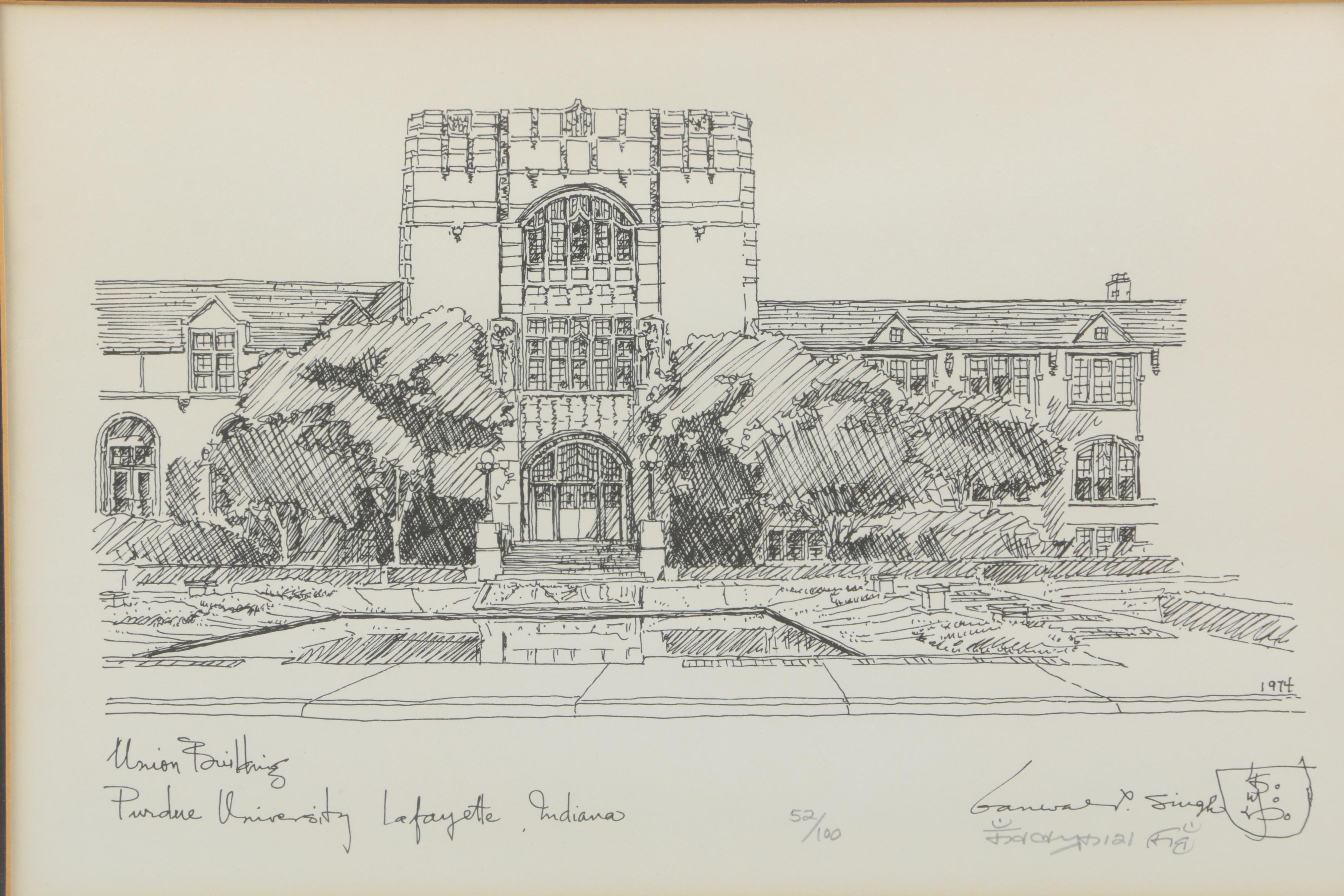 Singh Limited Edition Lithograph "Union Building, Purdue University Lafayette, Indiana"
