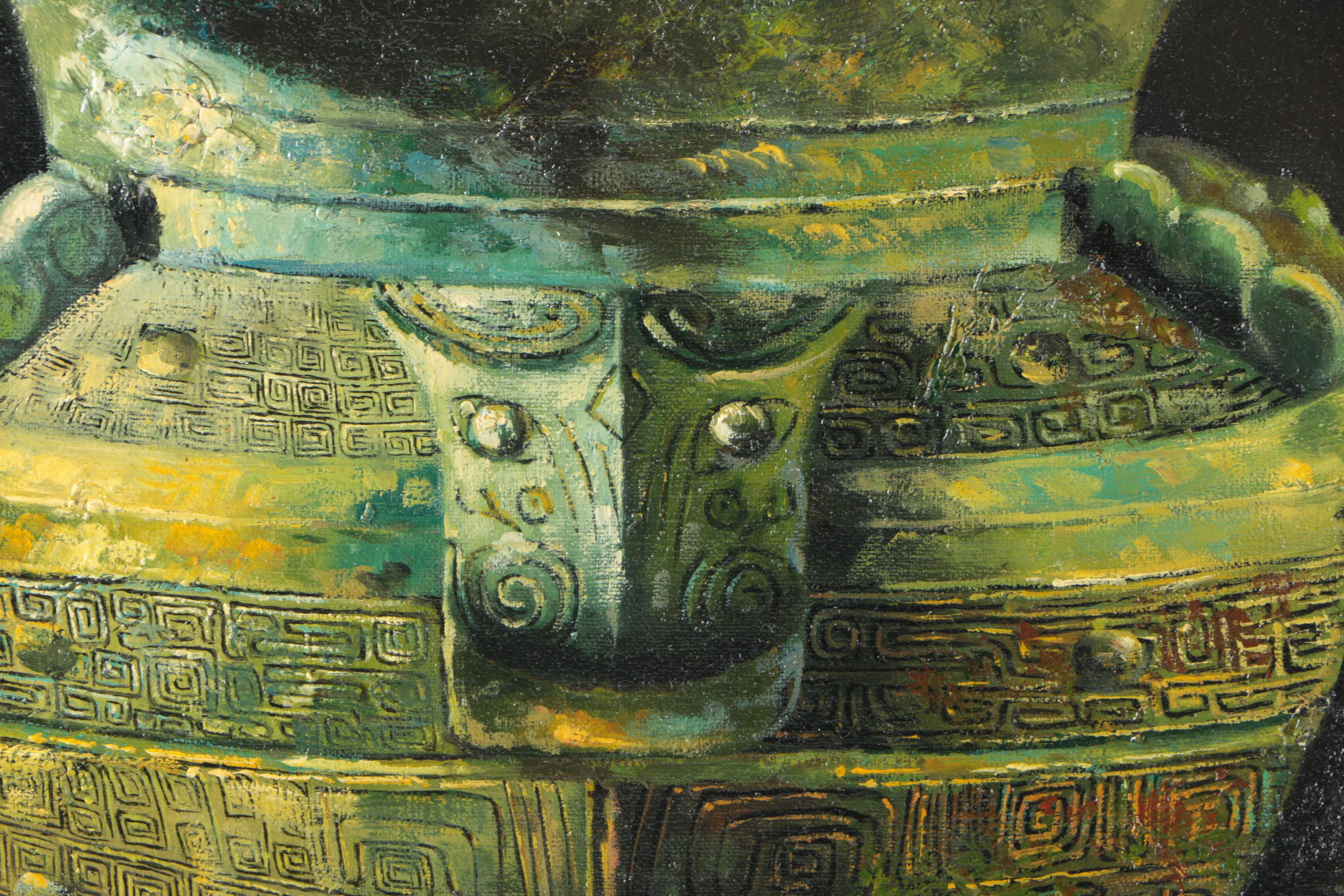 Original Oil Painting Of Shang Dynasty Inspired Vase