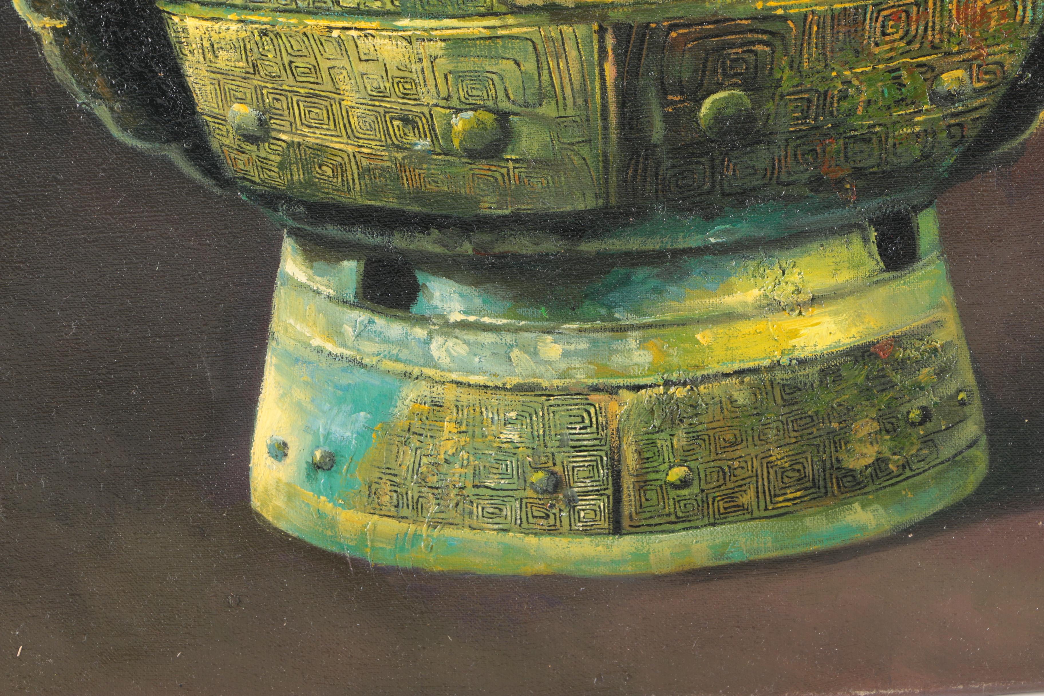Original Oil Painting Of Shang Dynasty Inspired Vase