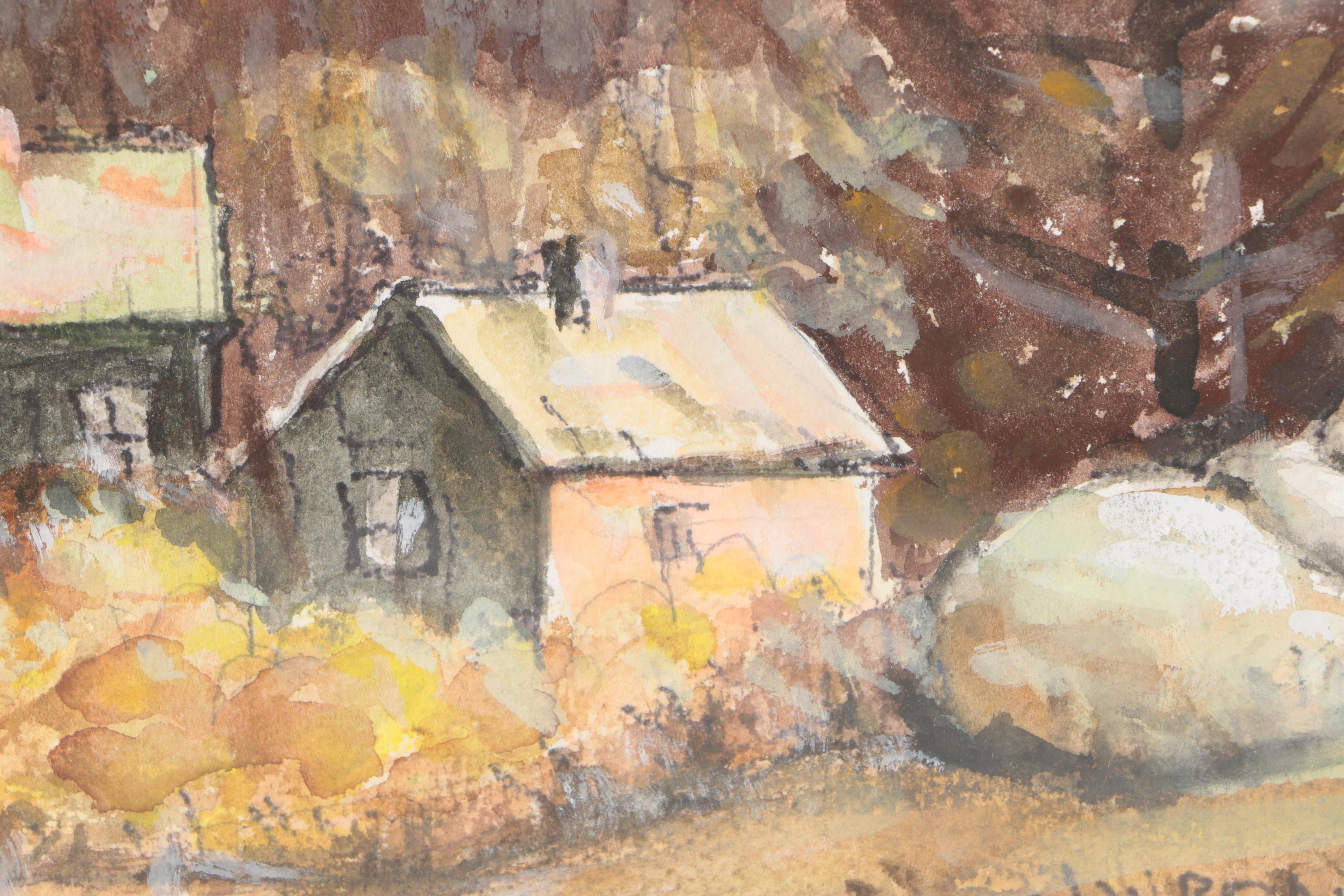Louis W. Bonsib Watercolor Landscape "Smokey Mountain Cottages"