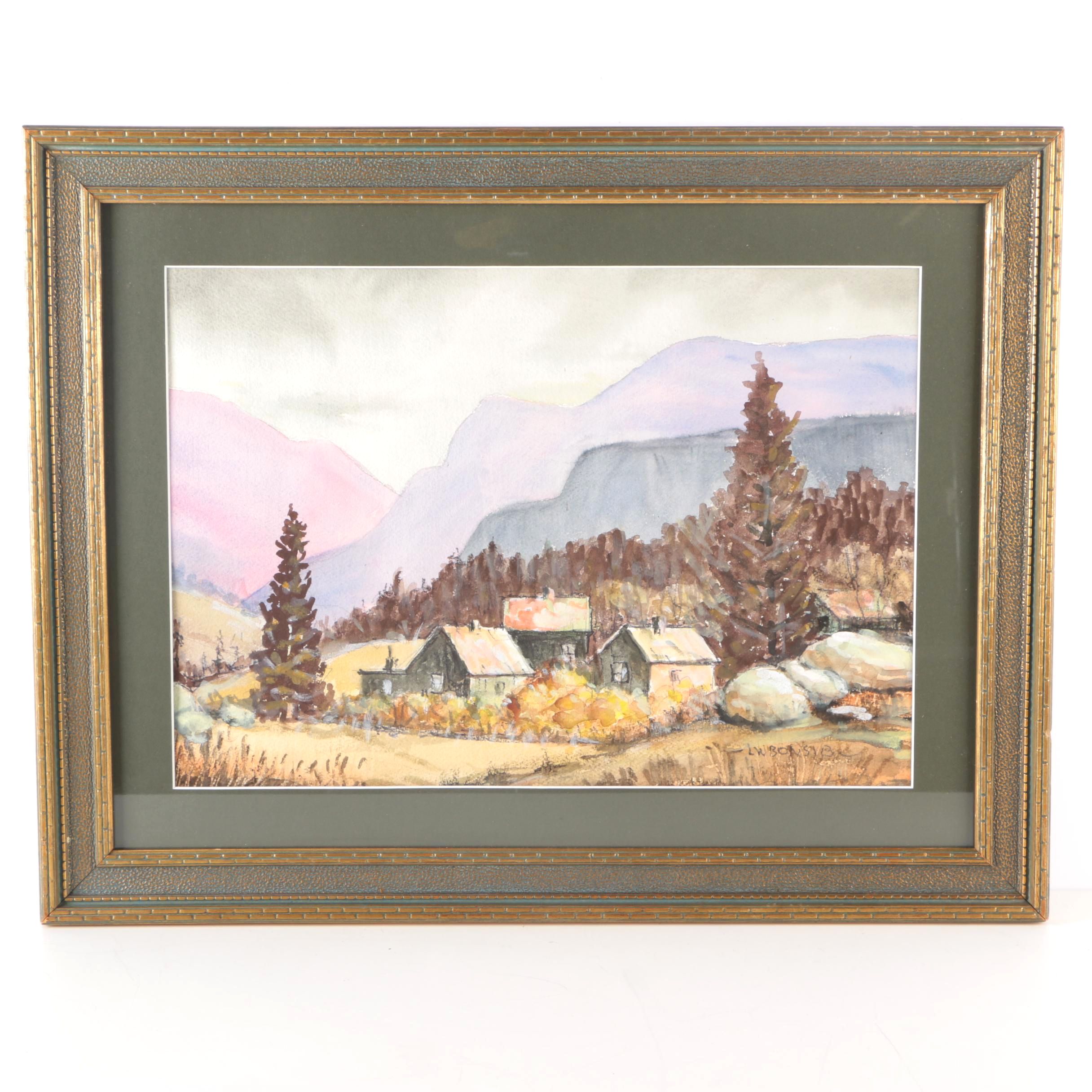 Louis W. Bonsib Watercolor Landscape "Smokey Mountain Cottages"