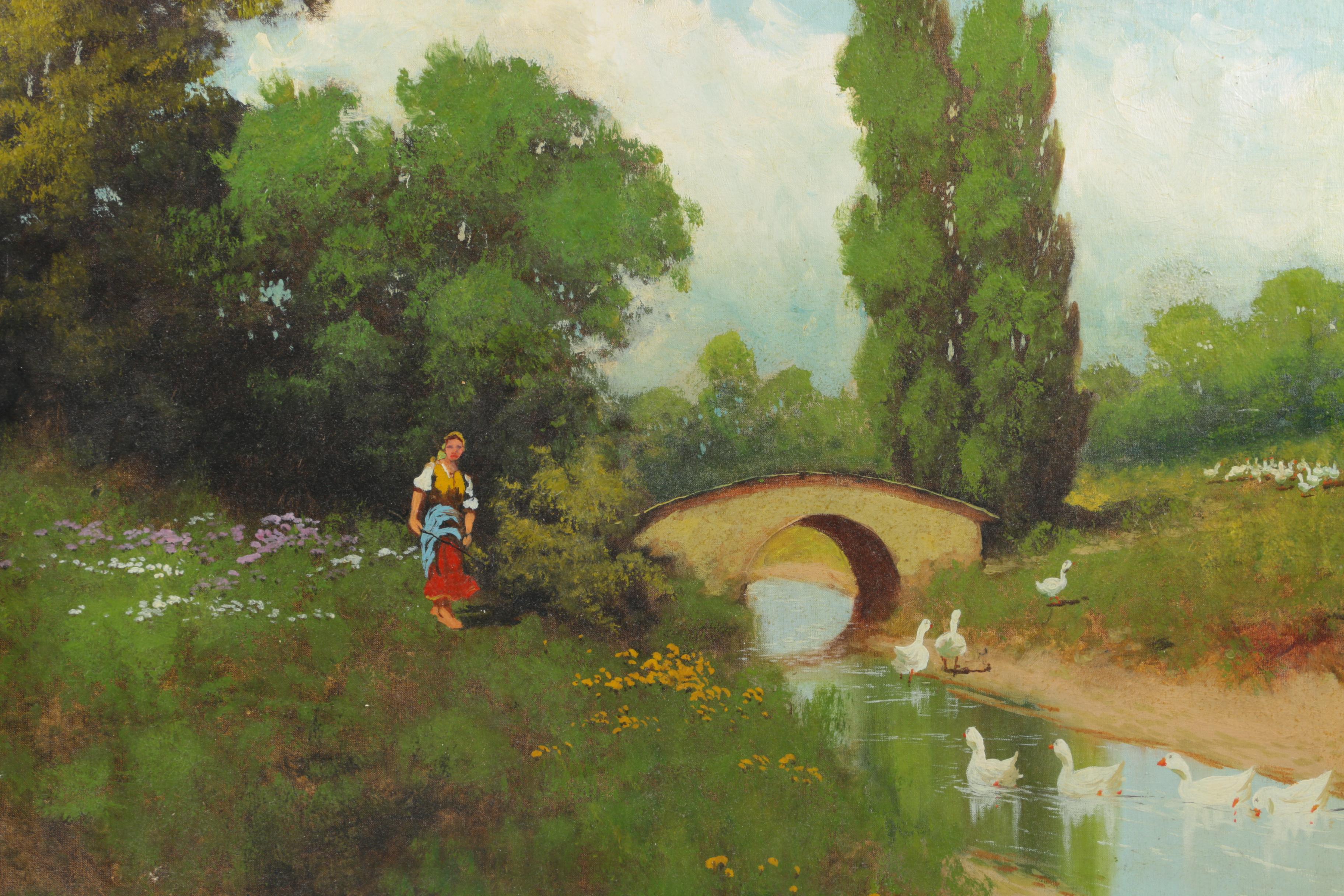 Oil Painting on Canvas Landscape with Woman and Pekin ducks