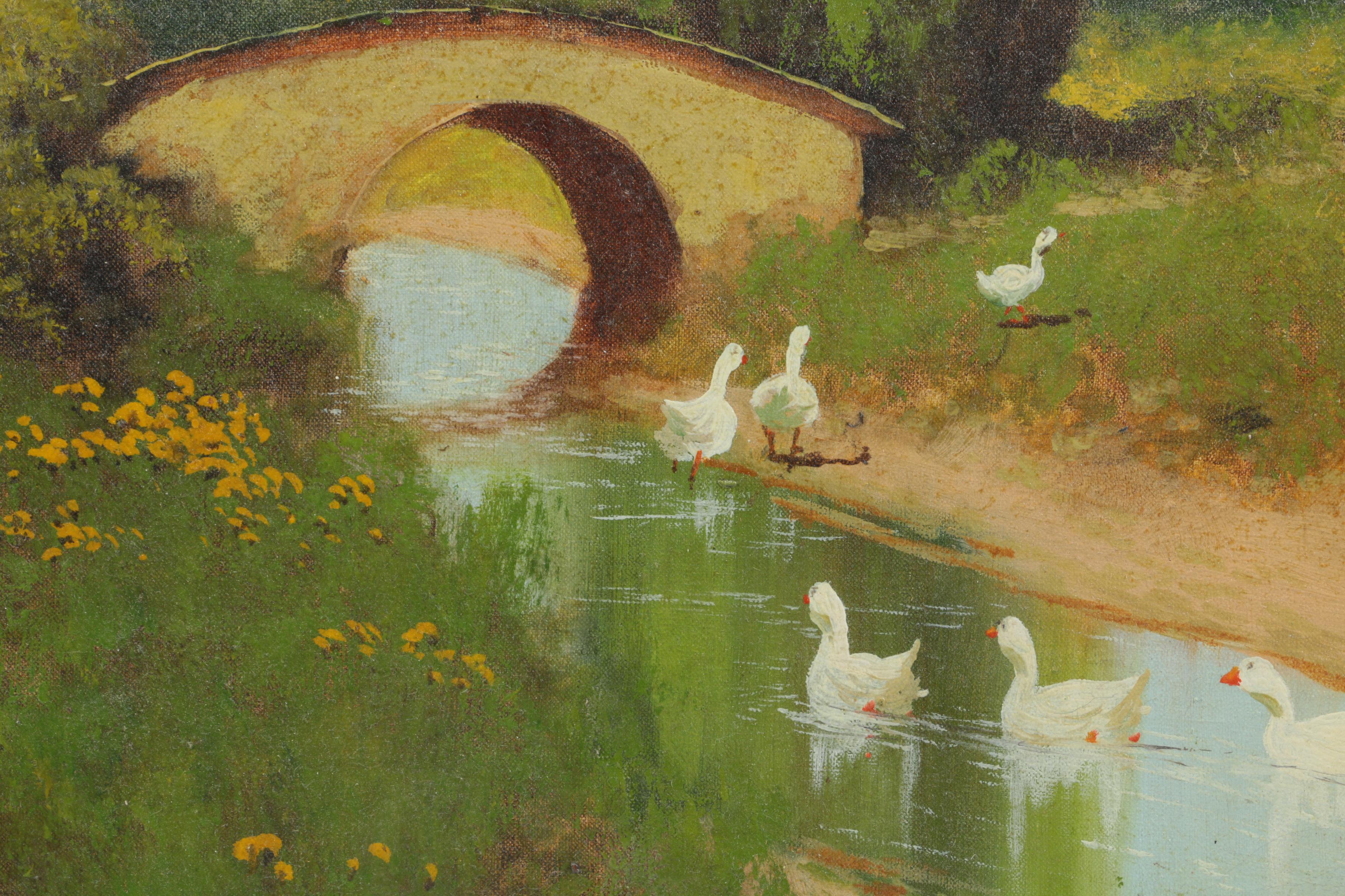 Oil Painting on Canvas Landscape with Woman and Pekin ducks