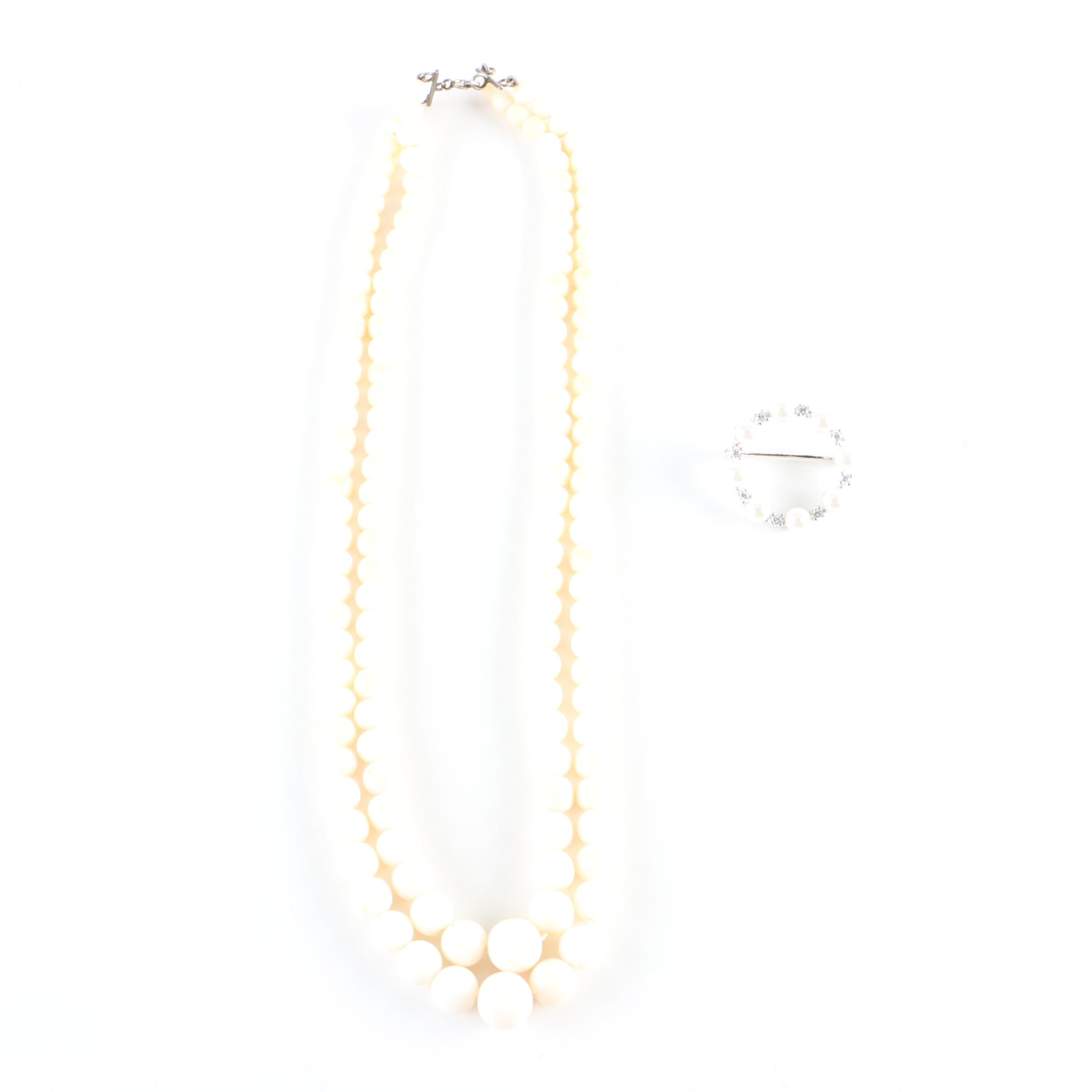 Angel Skin Coral Beaded Necklace and Cultured Pearl Brooch